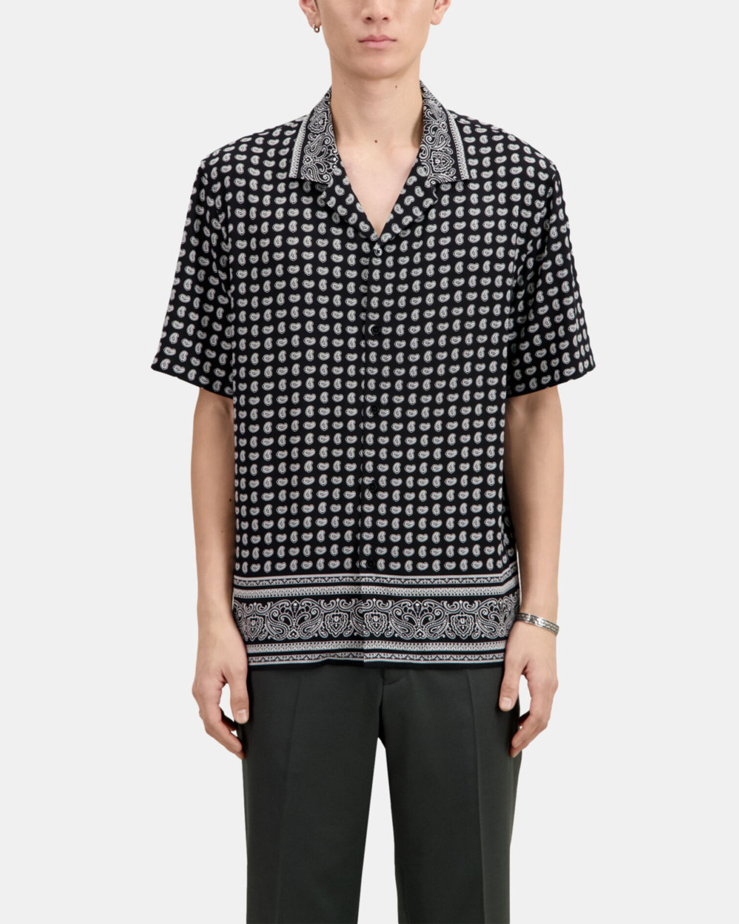 Black and white paisley print short sleeve shirt, BLACK WHITE, hi-res image number null