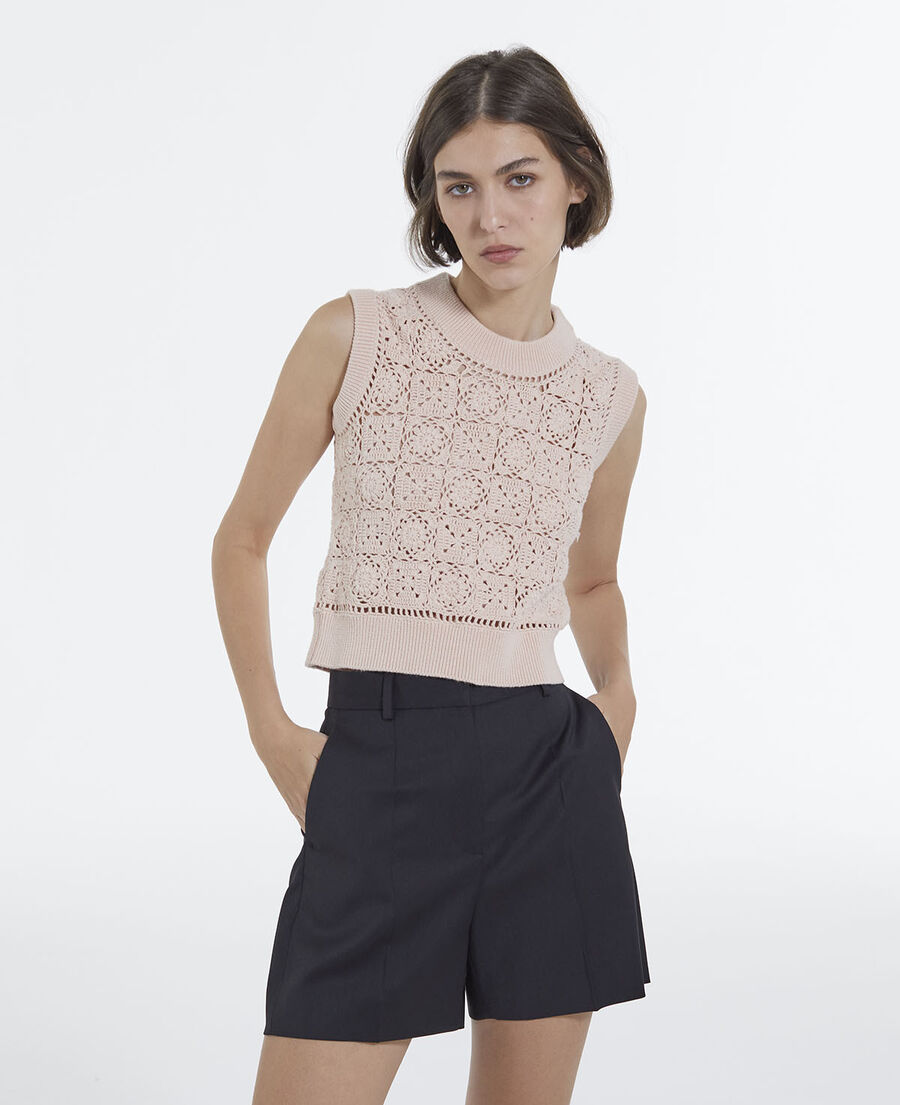 sleeveless crochet-effect pink cotton sweater