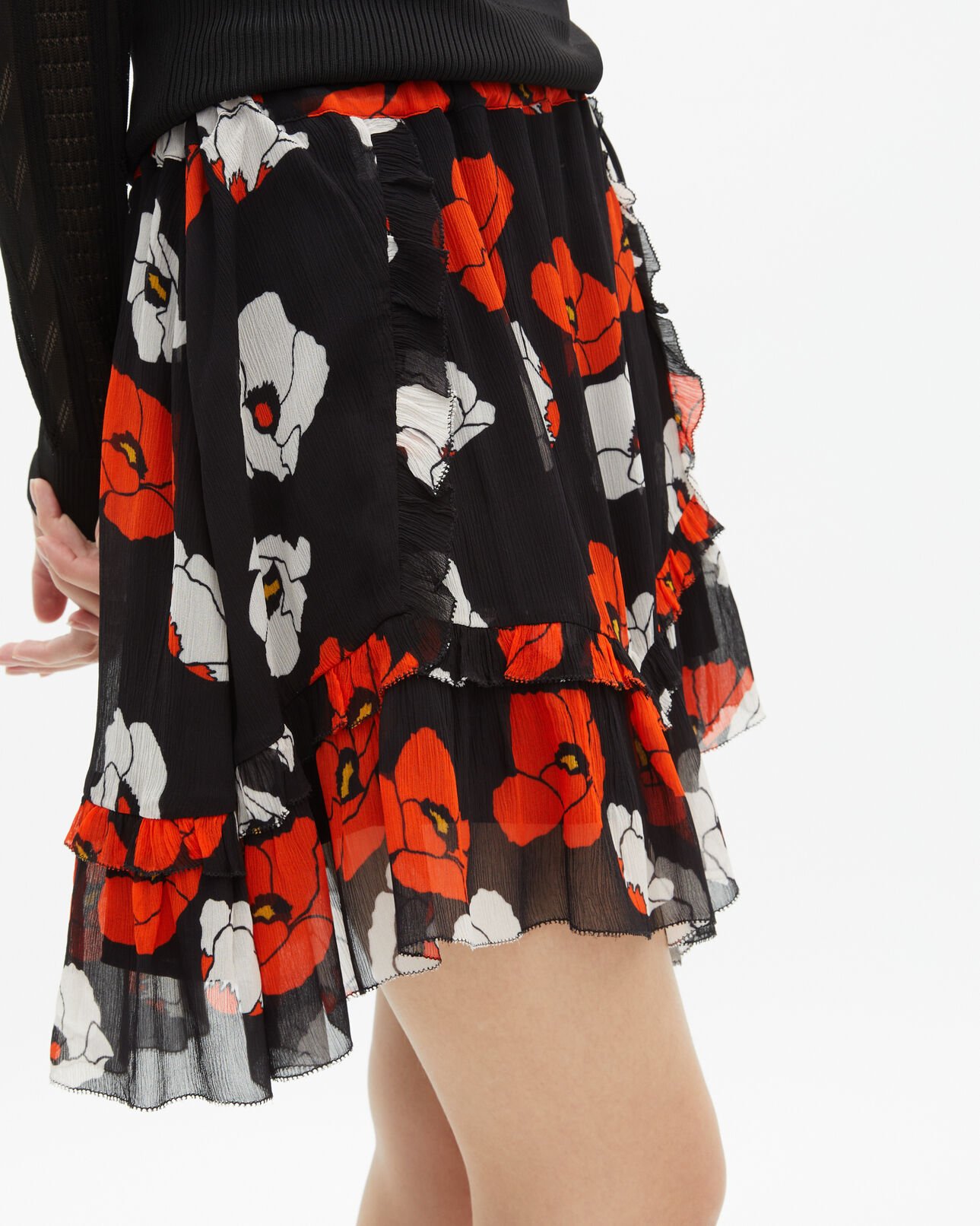 The Kooples FEMME BLACK RED OFF WHITE jupe courte imprimé fleuri noire