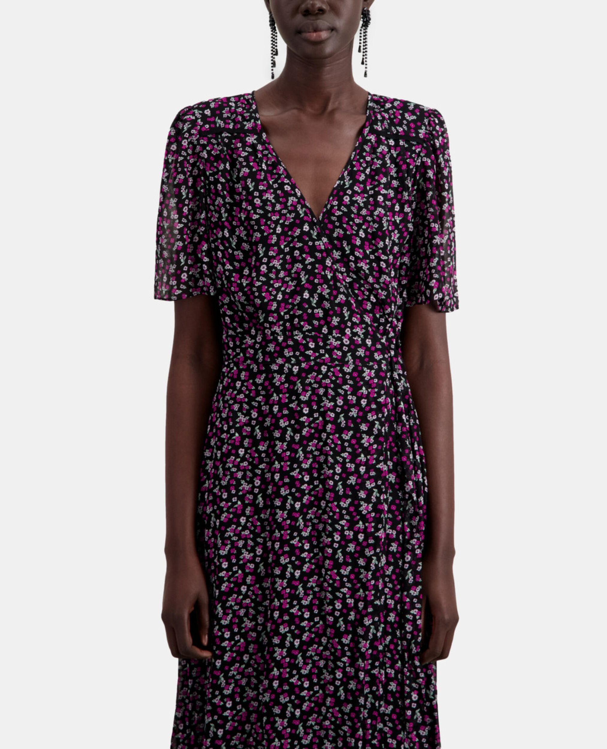 Vestido cruzado largo estampado, BLACK / PINK, hi-res image number null