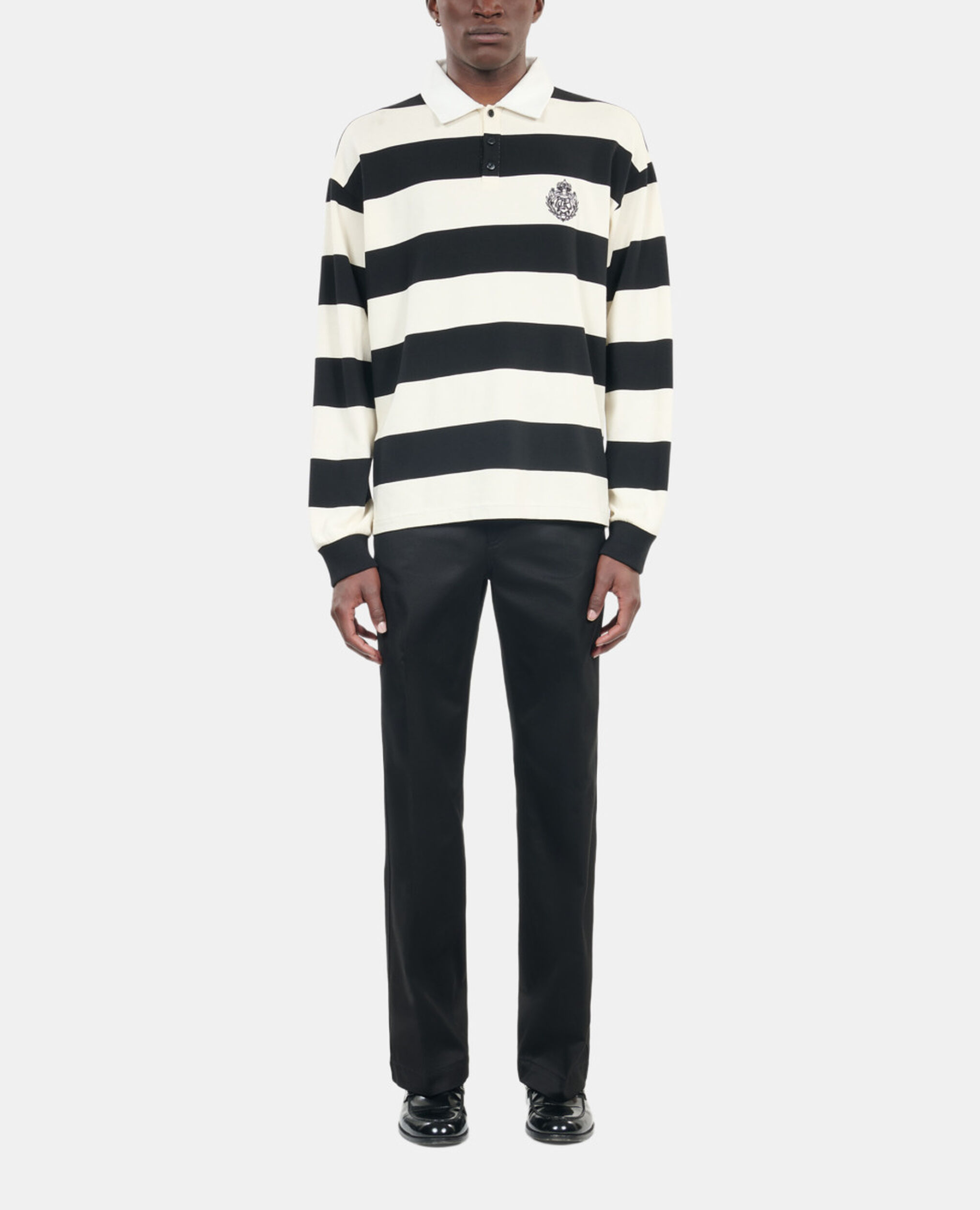 Long-sleeved black and white striped polo t-shirt, BLACK / WHITE, hi-res image number null