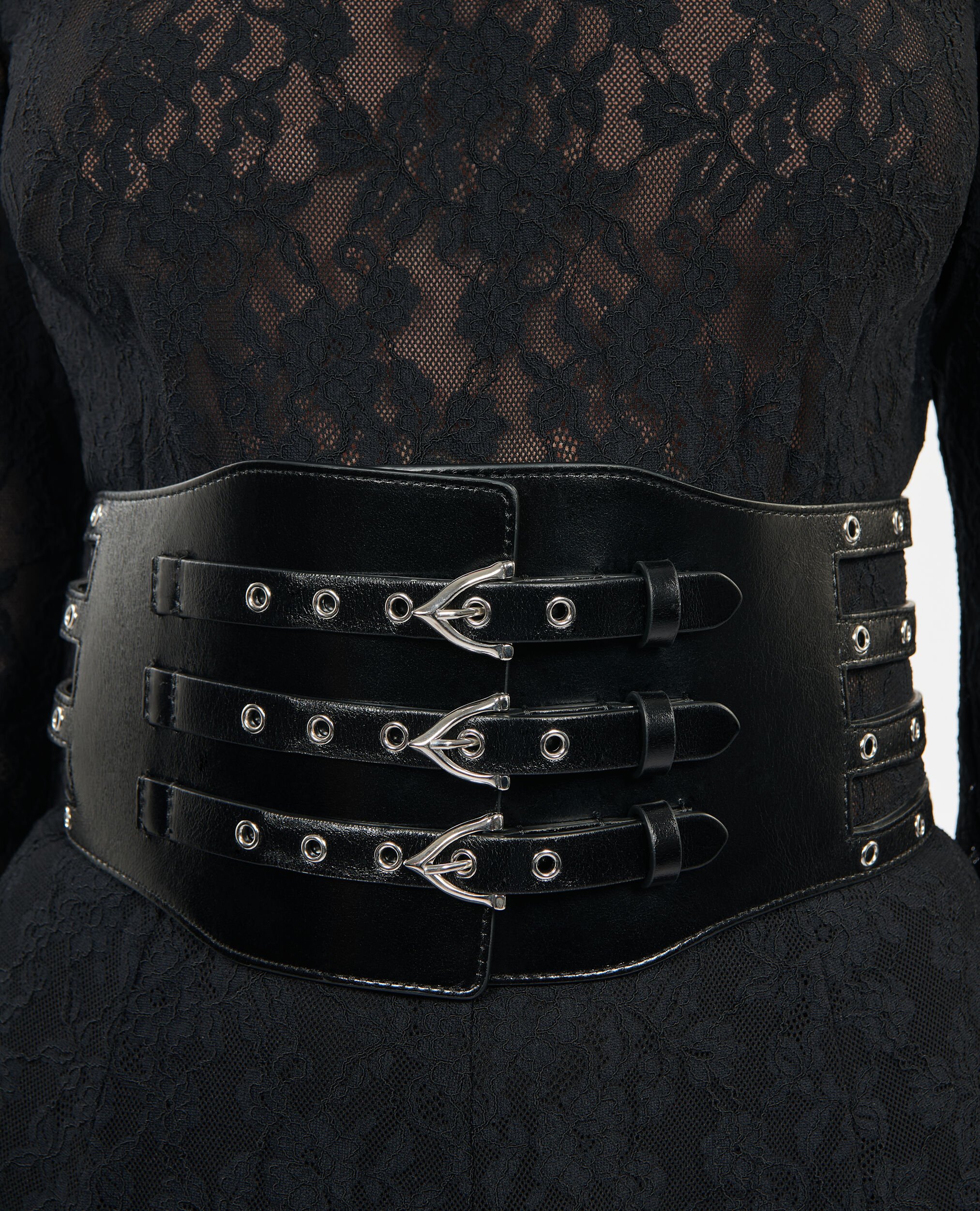 Black leather corset belt with eyelets, BLACK, hi-res image number null