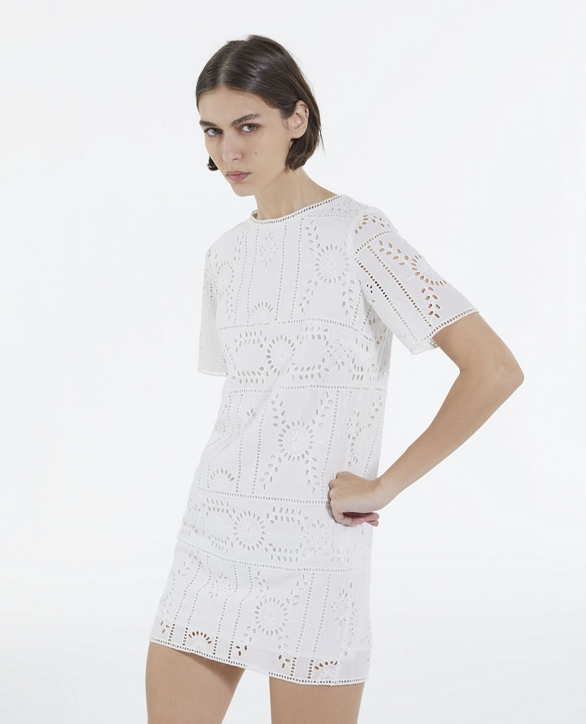 Short white embroidered dress with crew neck, WHITE, hi-res image number null