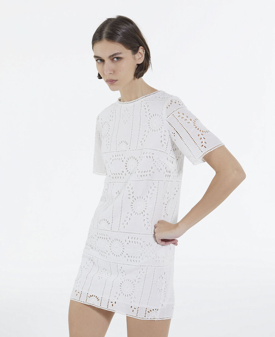 short white embroidered dress with crew neck