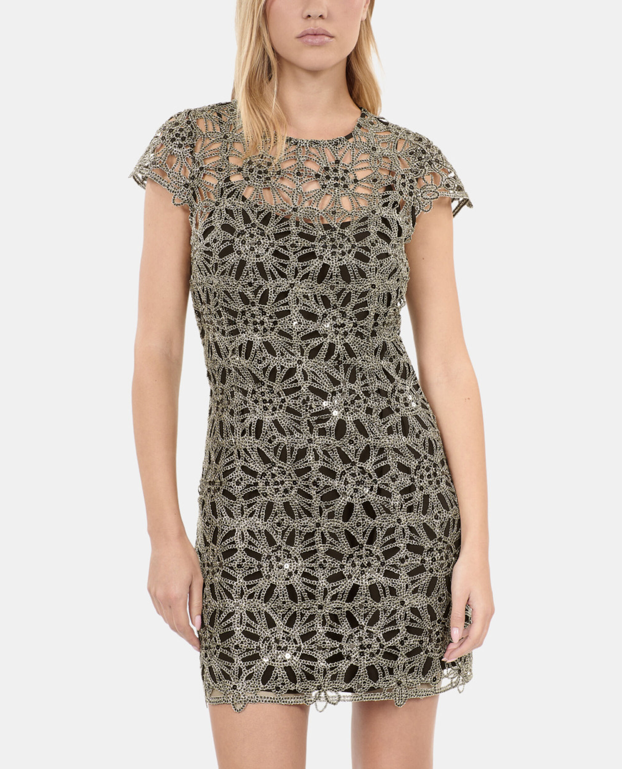 Short dress in golden guipure, ANTIC GOLD, hi-res image number null