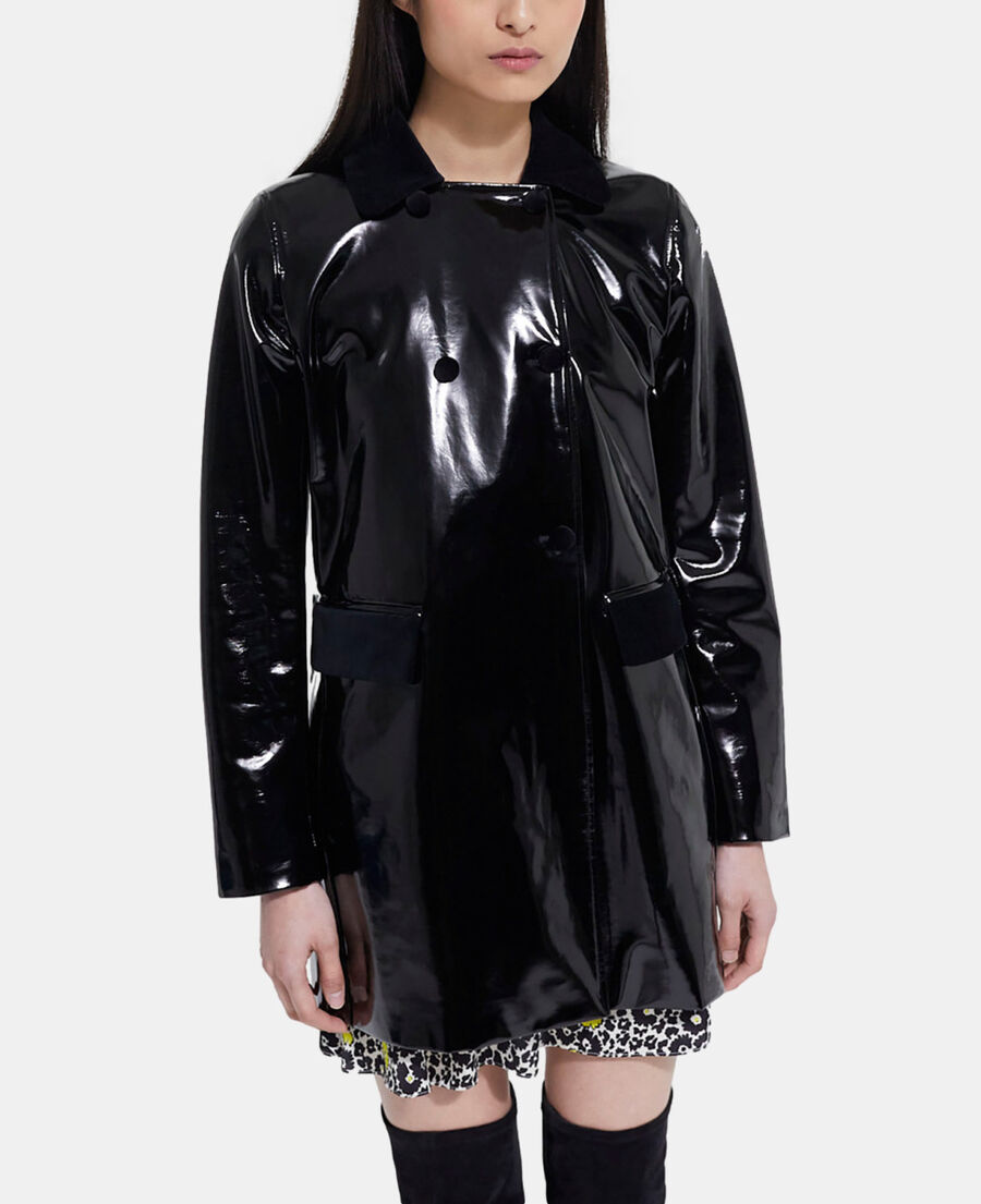 manteau long noir en vinyle