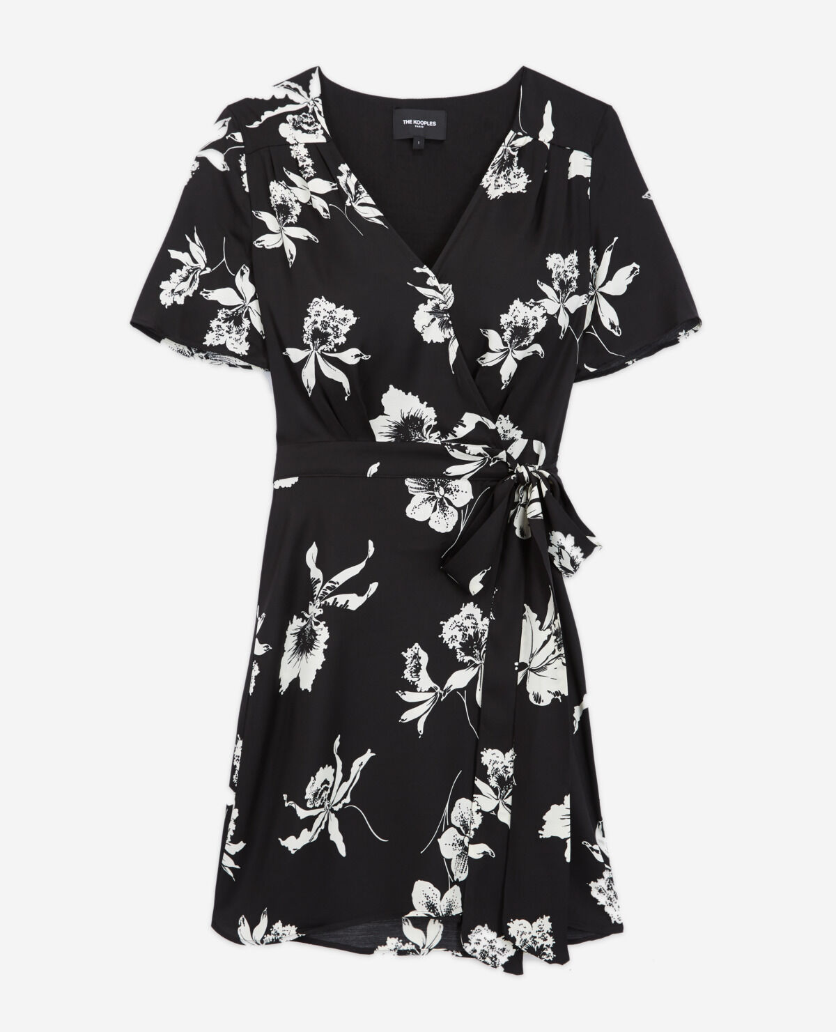 Robe noire courte col V imprim fleuri