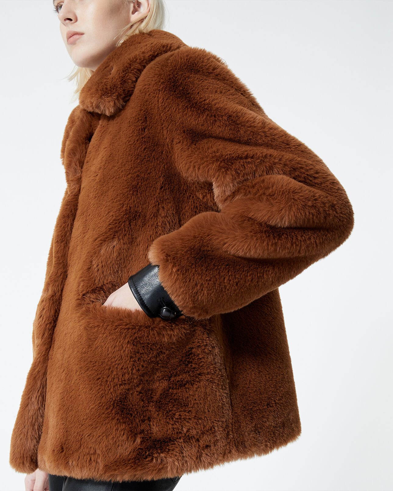 The Kooples WOMEN COGNAC brown faux fur coat with leather details