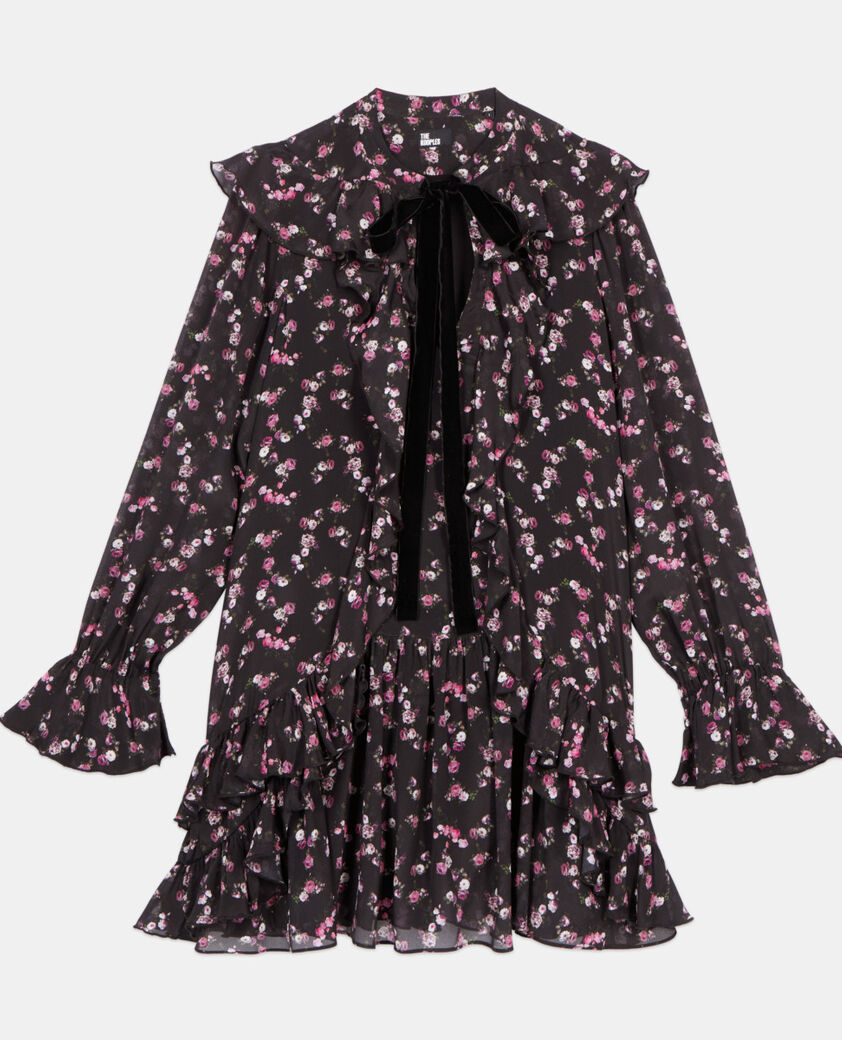 The Kooples FEMME BLACK robe courte &agrave; volants imprim&eacute; fleuri