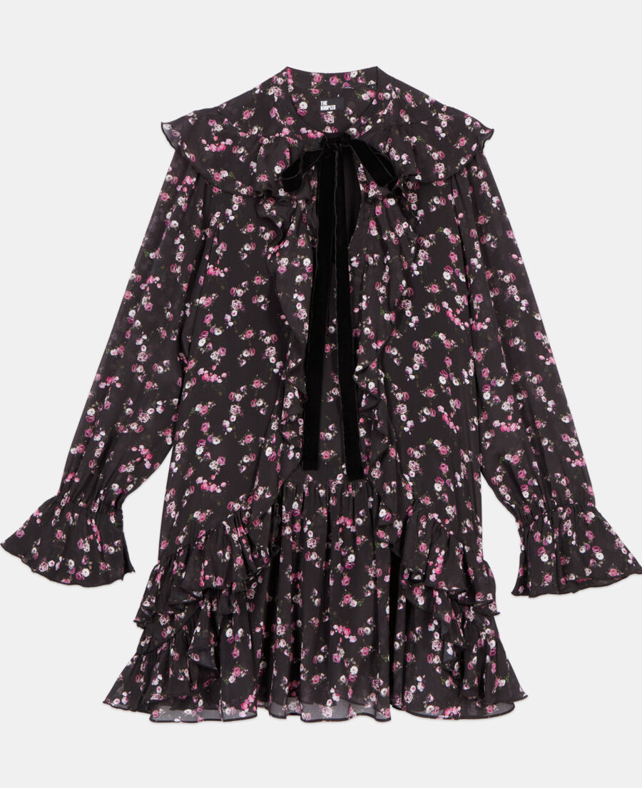 The Kooples FEMME BLACK robe courte &agrave; volants imprim&eacute; fleuri