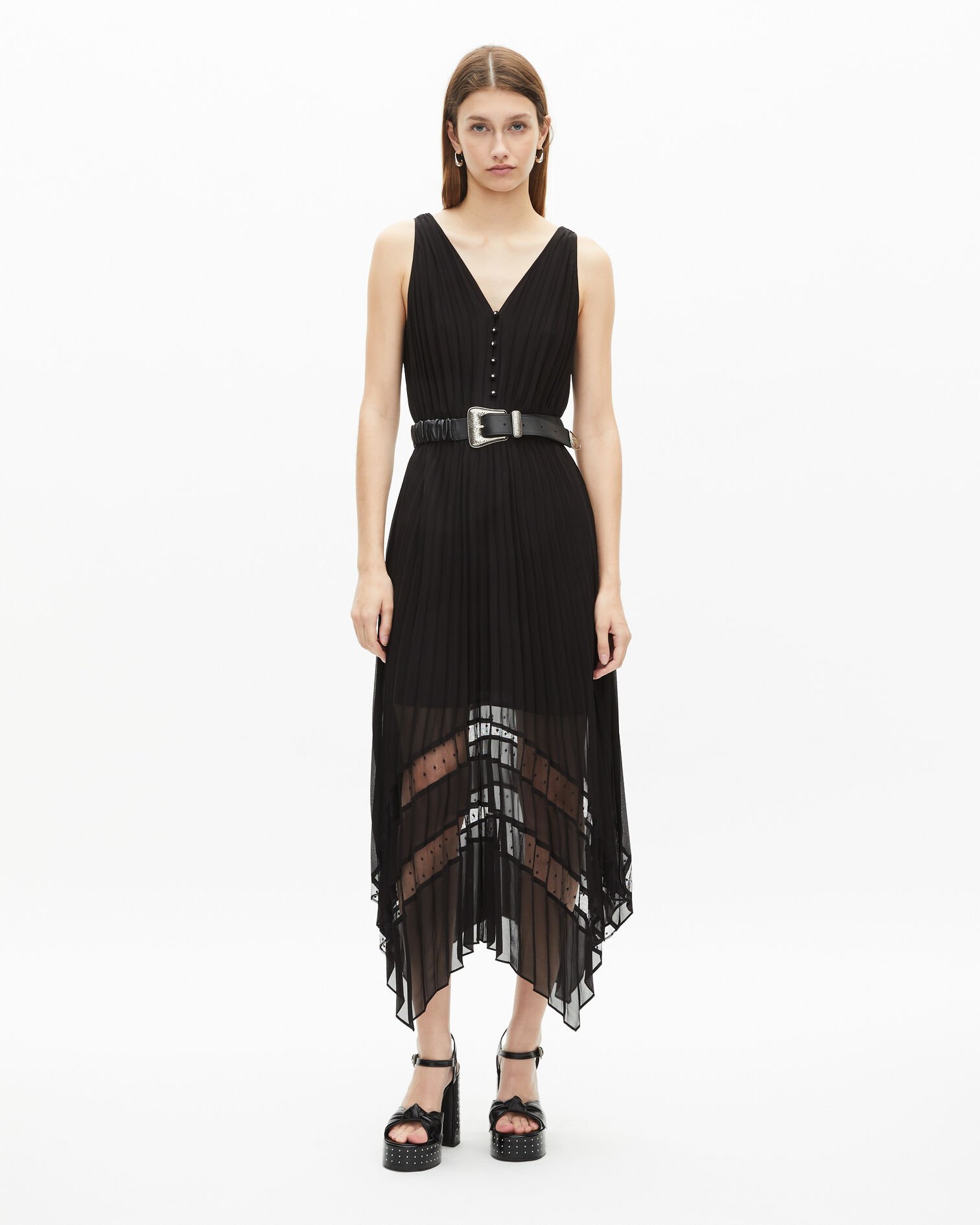 Robe longue plissée noire, BLACK, hi-res image number null
