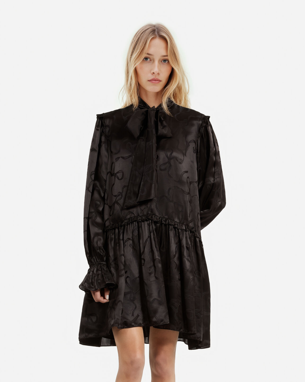 The Kooples FEMME BLACK robe courte jacquard imprimé rubans