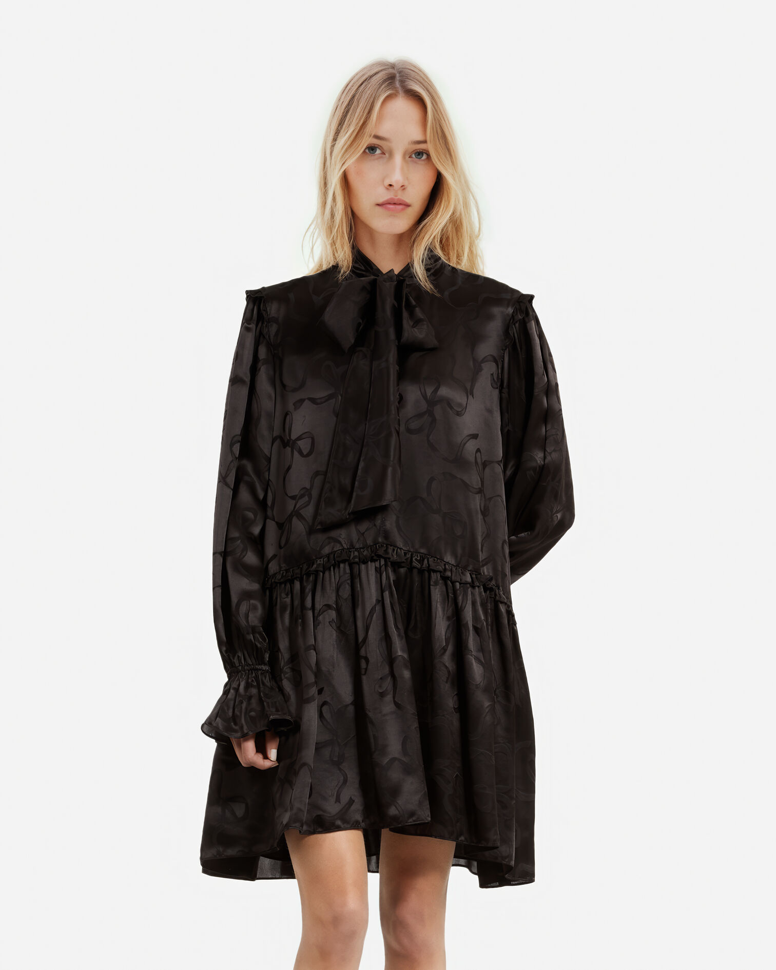 Robe courte jacquard imprimé rubans, BLACK, hi-res image number null