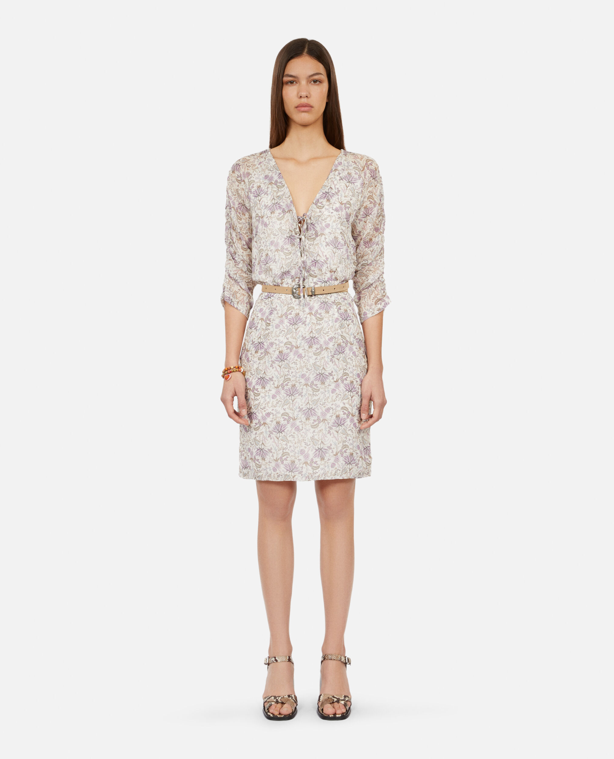 Short printed dress with lacing, ECRU/MAUVE CHALK, hi-res image number null