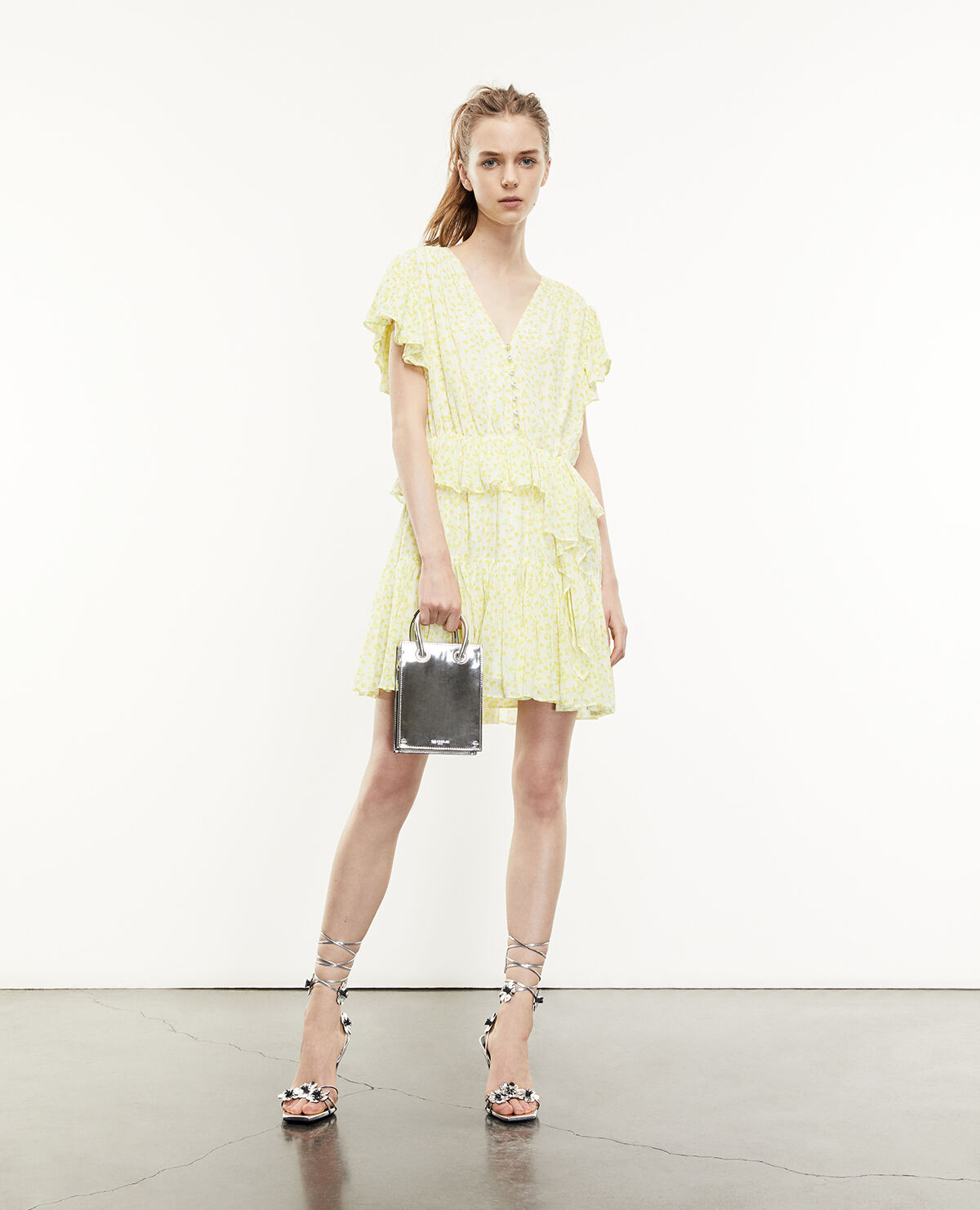 White and yellow short dress with frills The Kooples UK