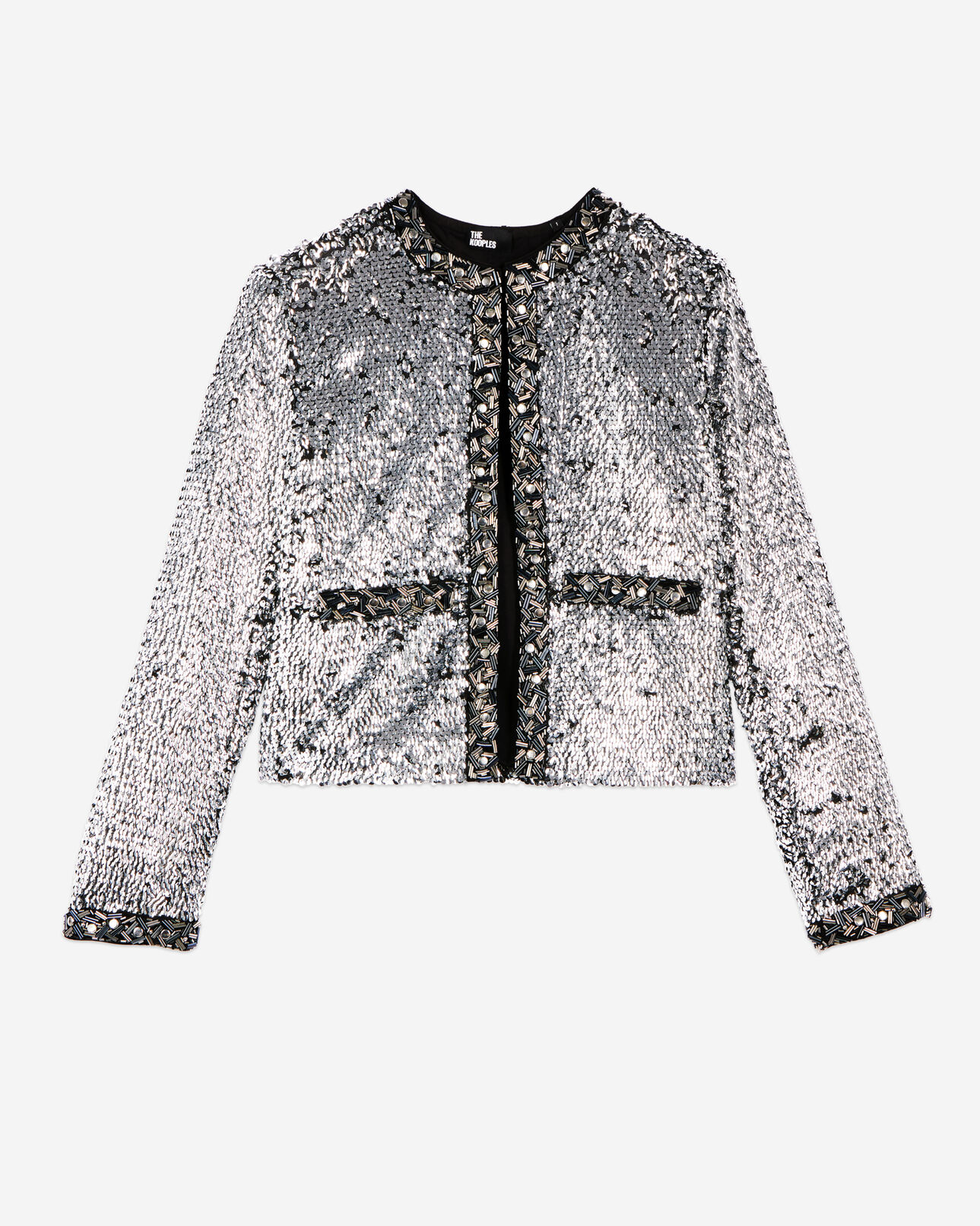 The Kooples FEMME SILVER veste à sequins et perles argentée