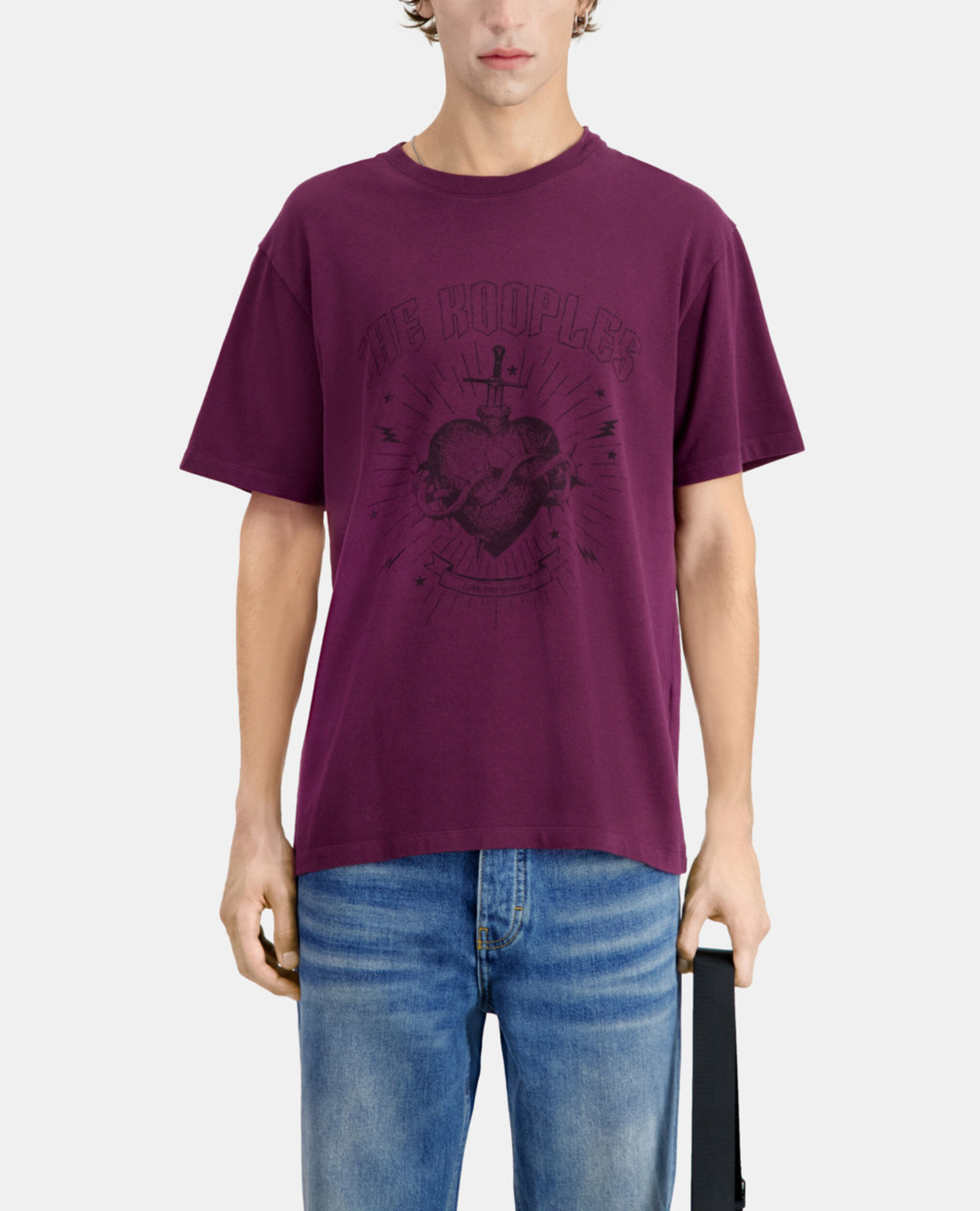 Men's burgundy t-shirt with dagger through heart serigraphy, BORDEAUX, hi-res image number null