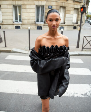 The Kooples WOMEN BLACK short strapless sequin dress with leather-effect detail in black