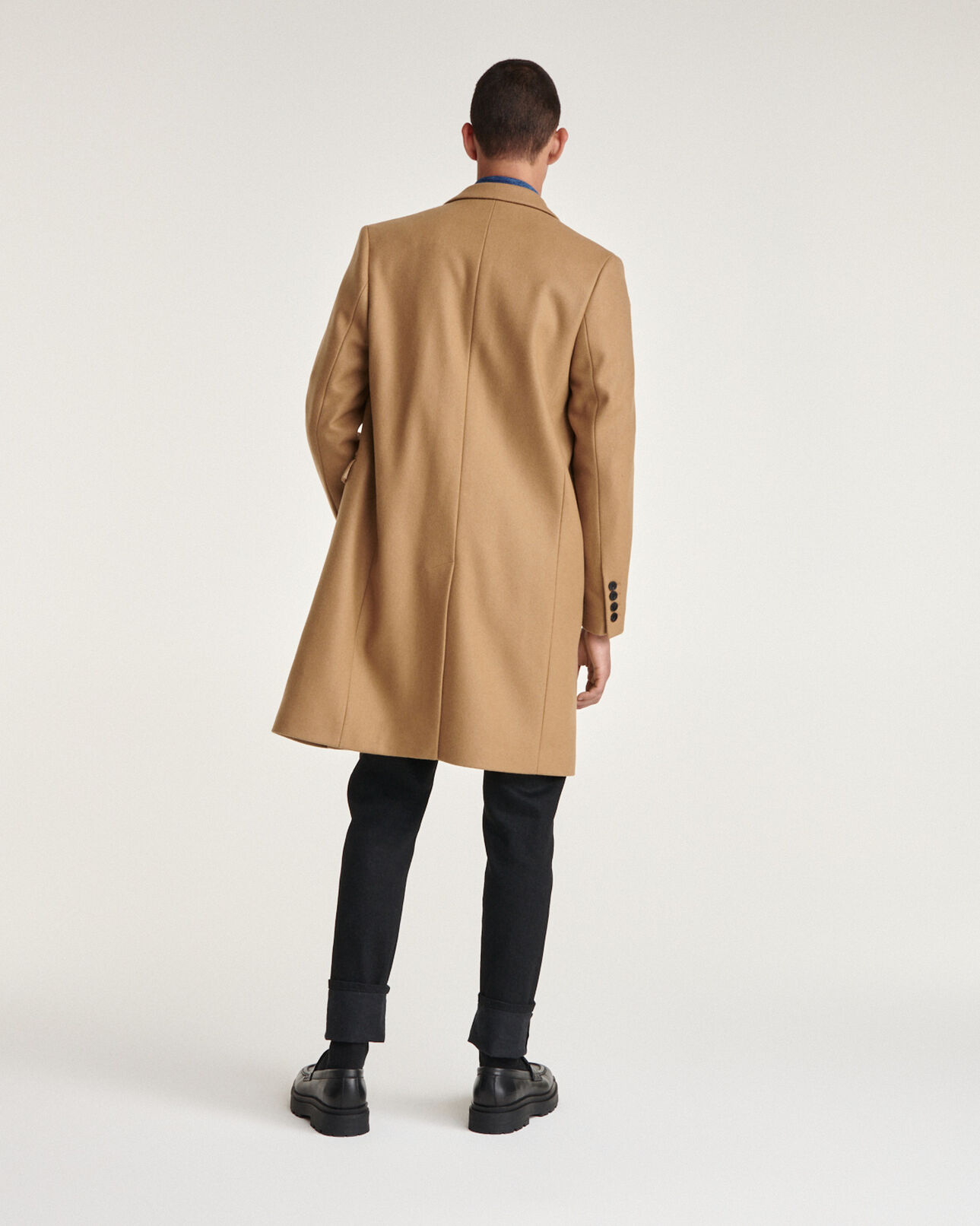 The Kooples HOMME CAMEL manteau laine beige droit à détail cuir
