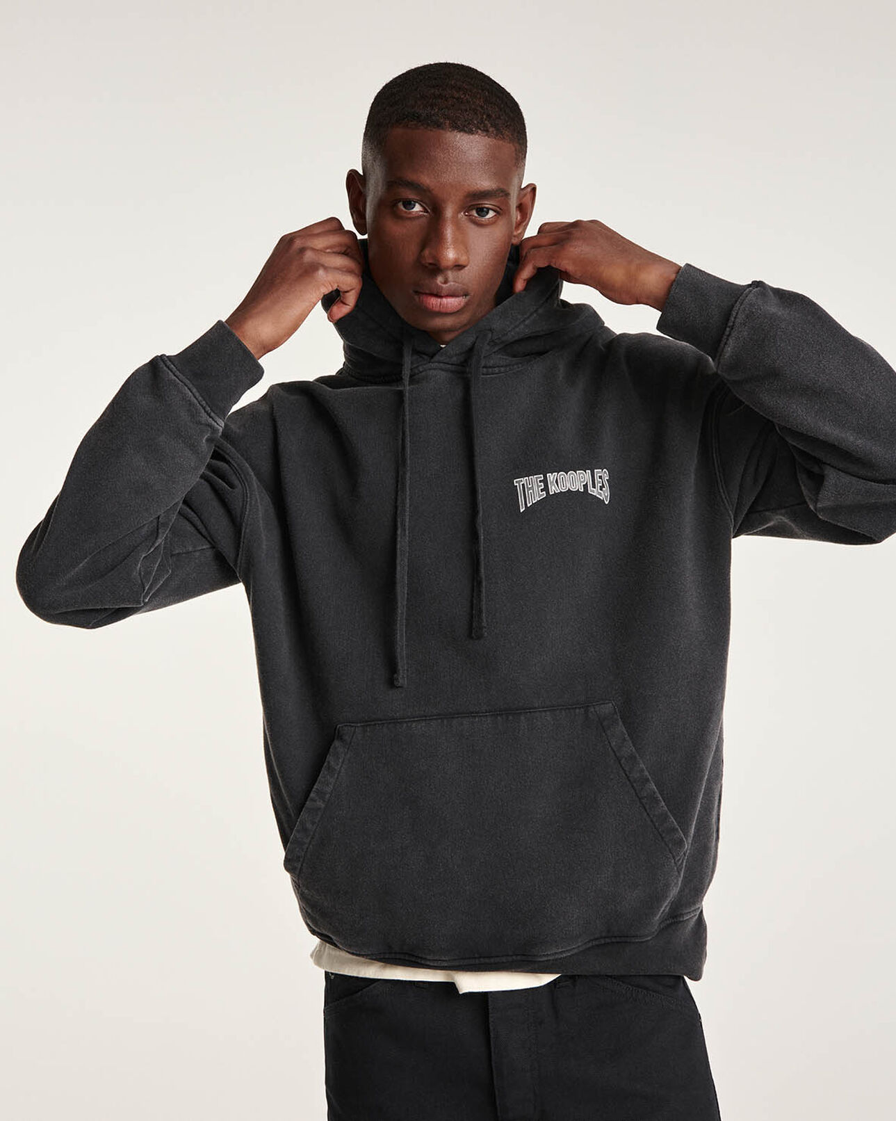 The Kooples MEN BLACK WASHED cotton black hoodie with printed logo