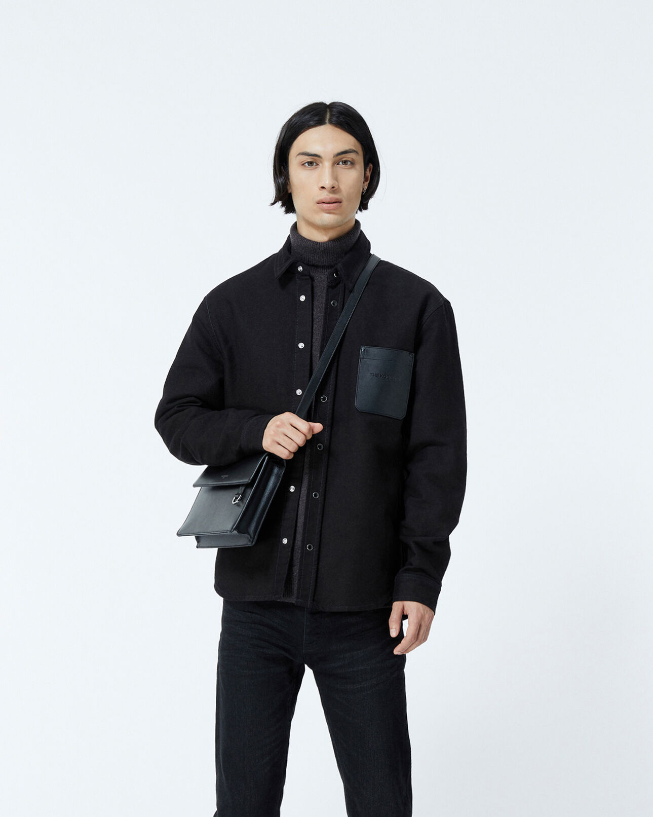 The Kooples HOMME BLACK chemise jean noir poche poitrine cuir