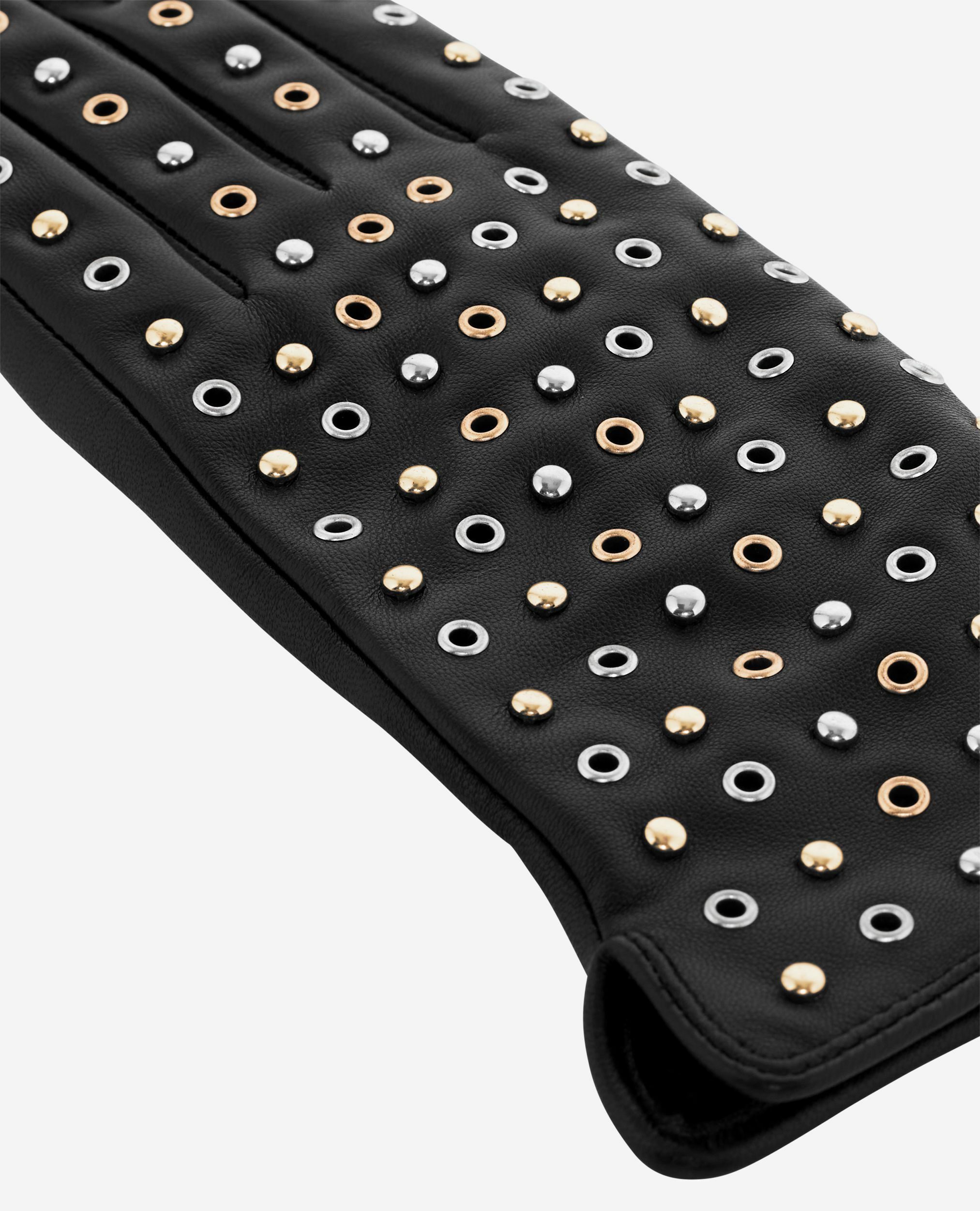 Leather gloves with black studs and eyelets, BLACK, hi-res image number null