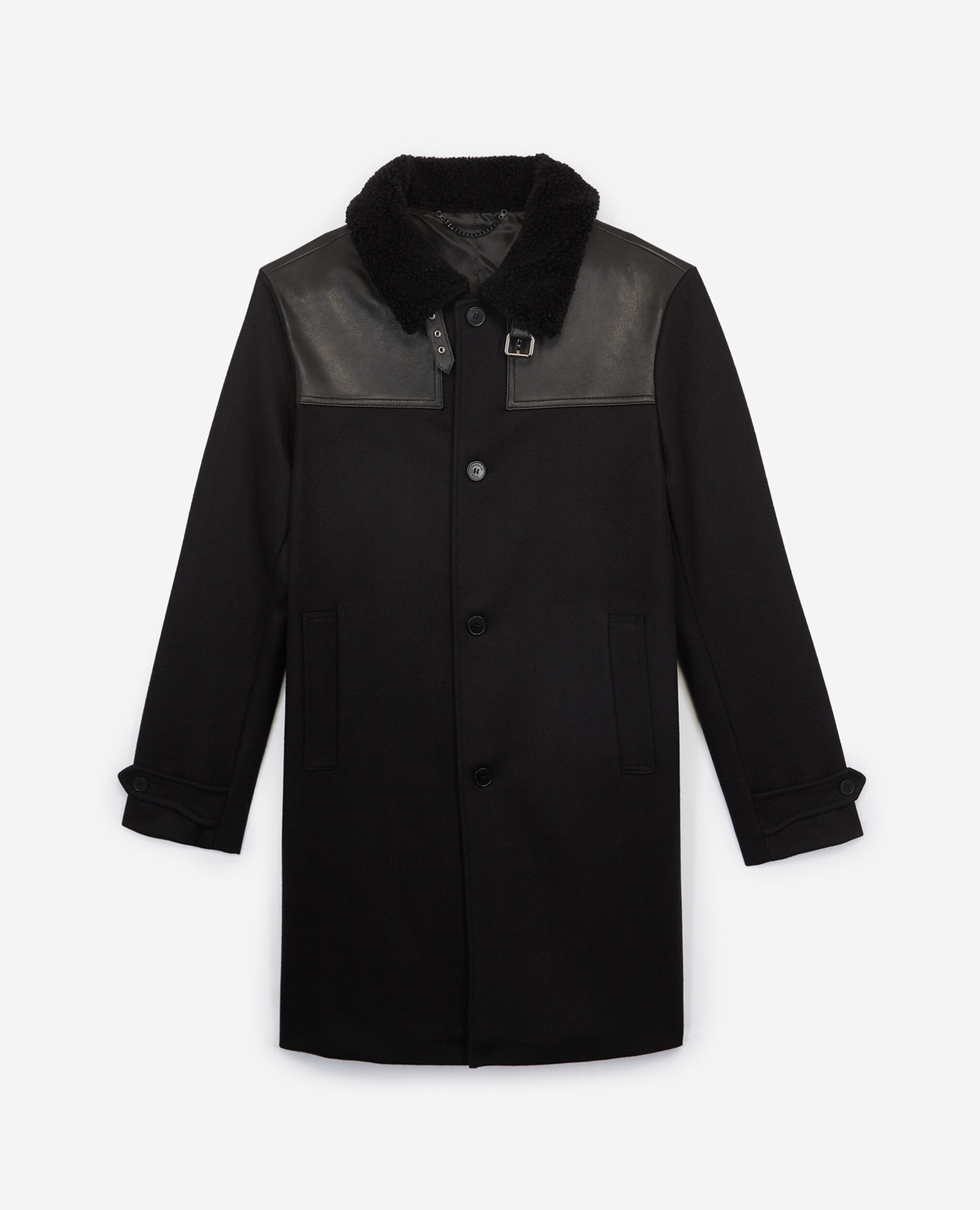Black wool coat with shearling collar, BLACK, hi-res image number null