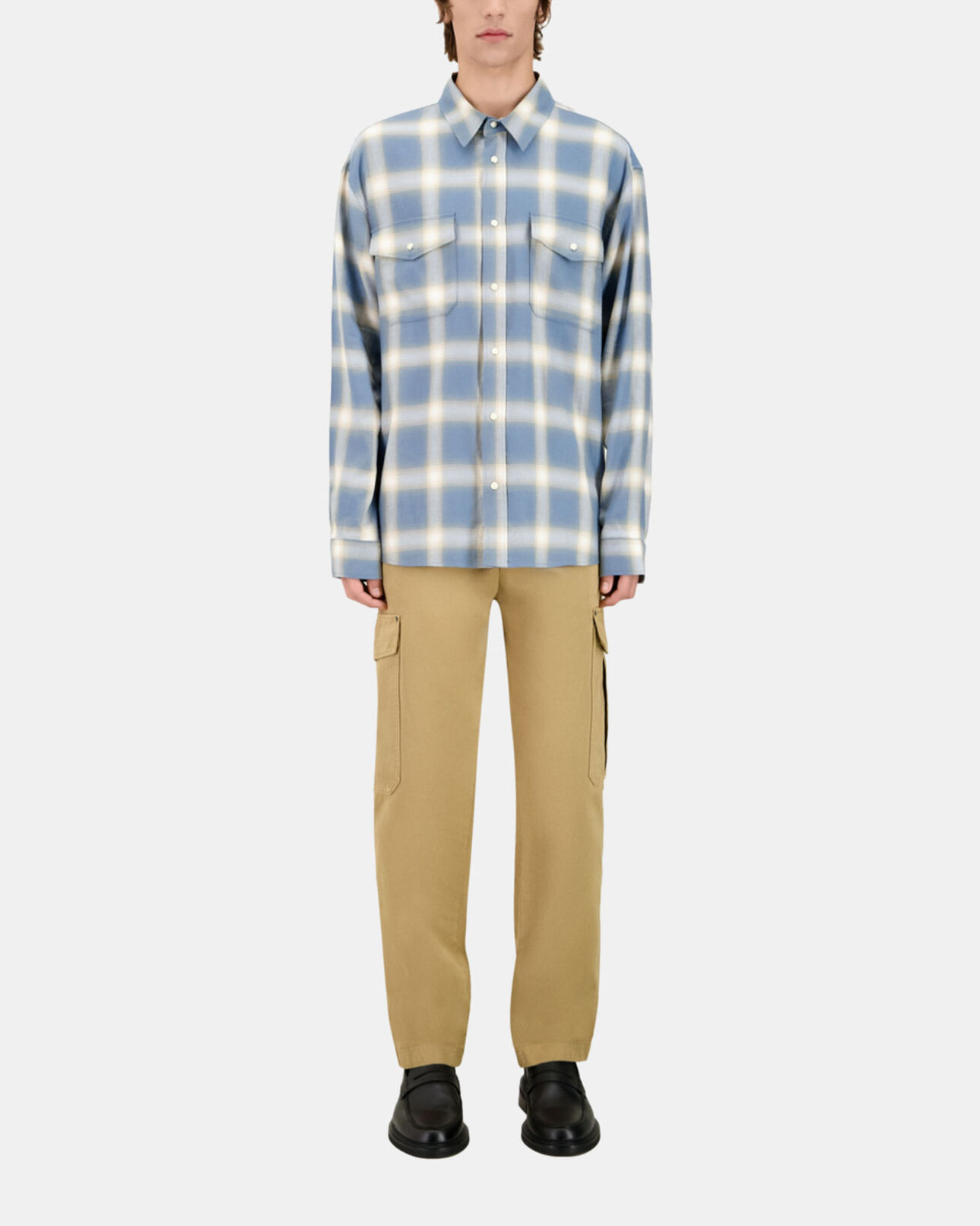 The Kooples MEN BLUE GREY light blue and gray checked long sleeve shirt