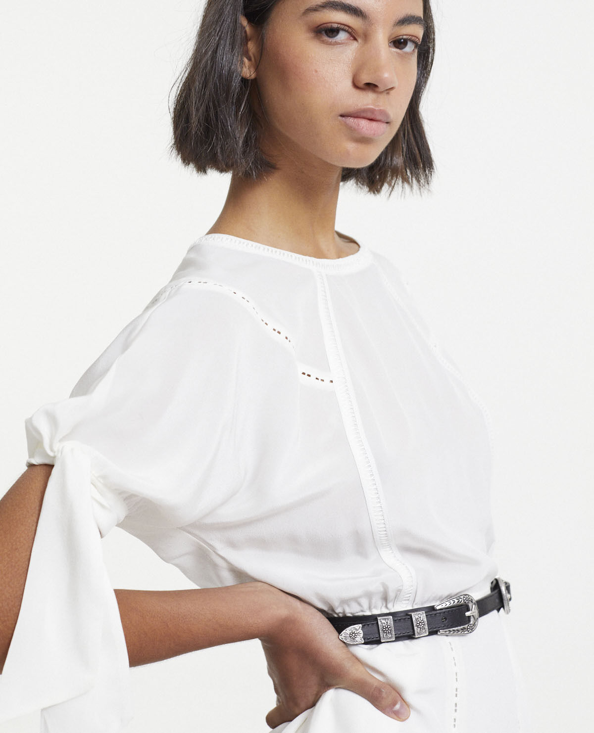Short white silk dress with knotted sleeves The Kooples UK