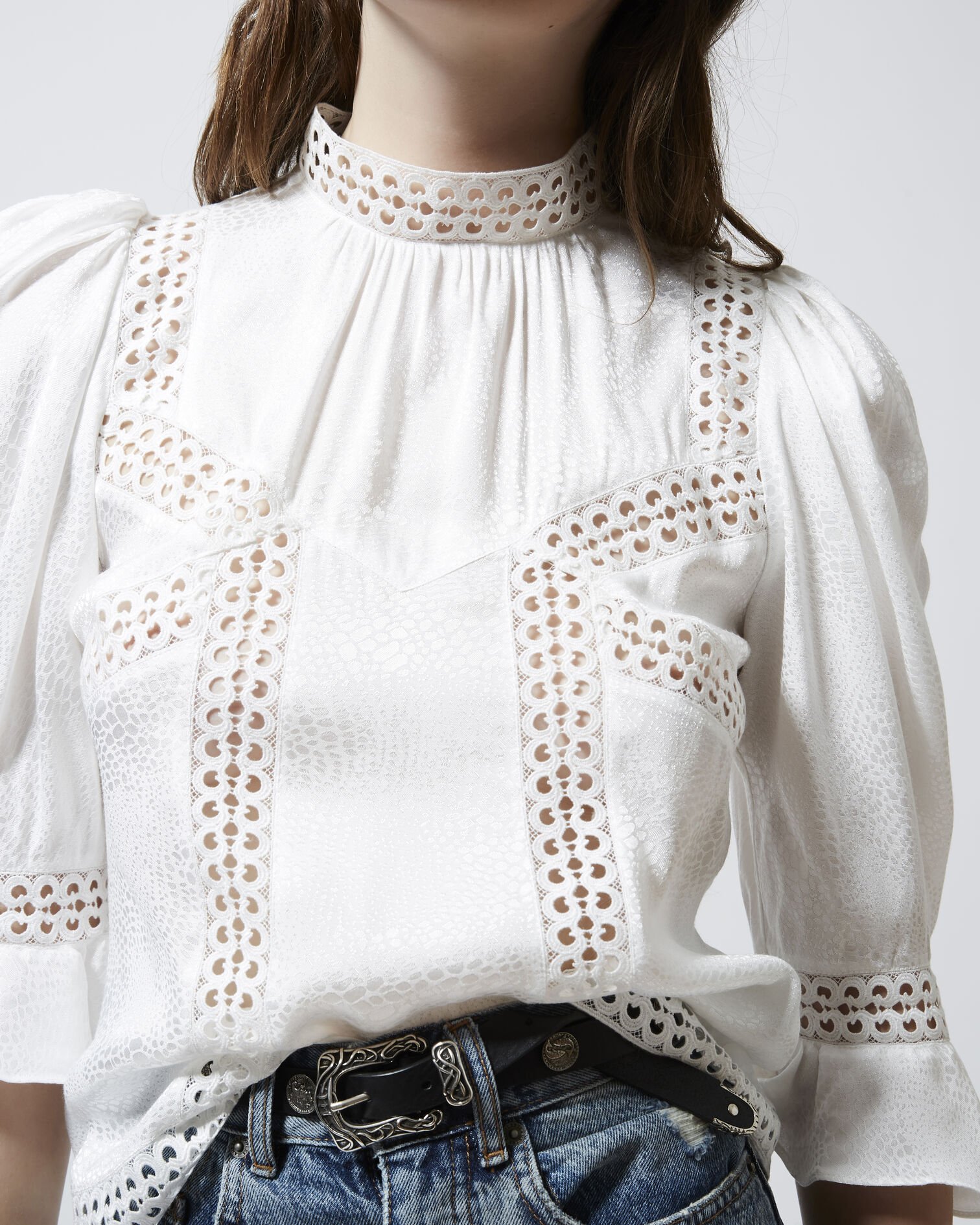 Long-sleeve ecru top with lace trims, ECRU, hi-res image number null