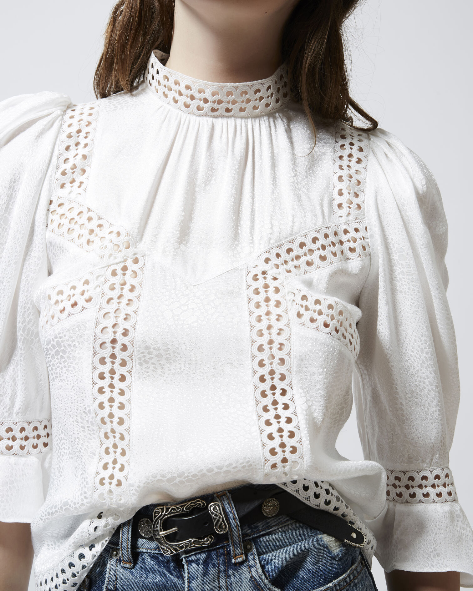 Long-sleeve ecru top with lace trims, ECRU, hi-res image number null