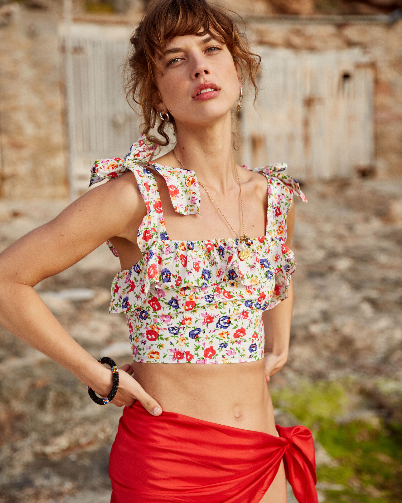 The Kooples DAMEN ECRU kurzes baumwoll-top mit print