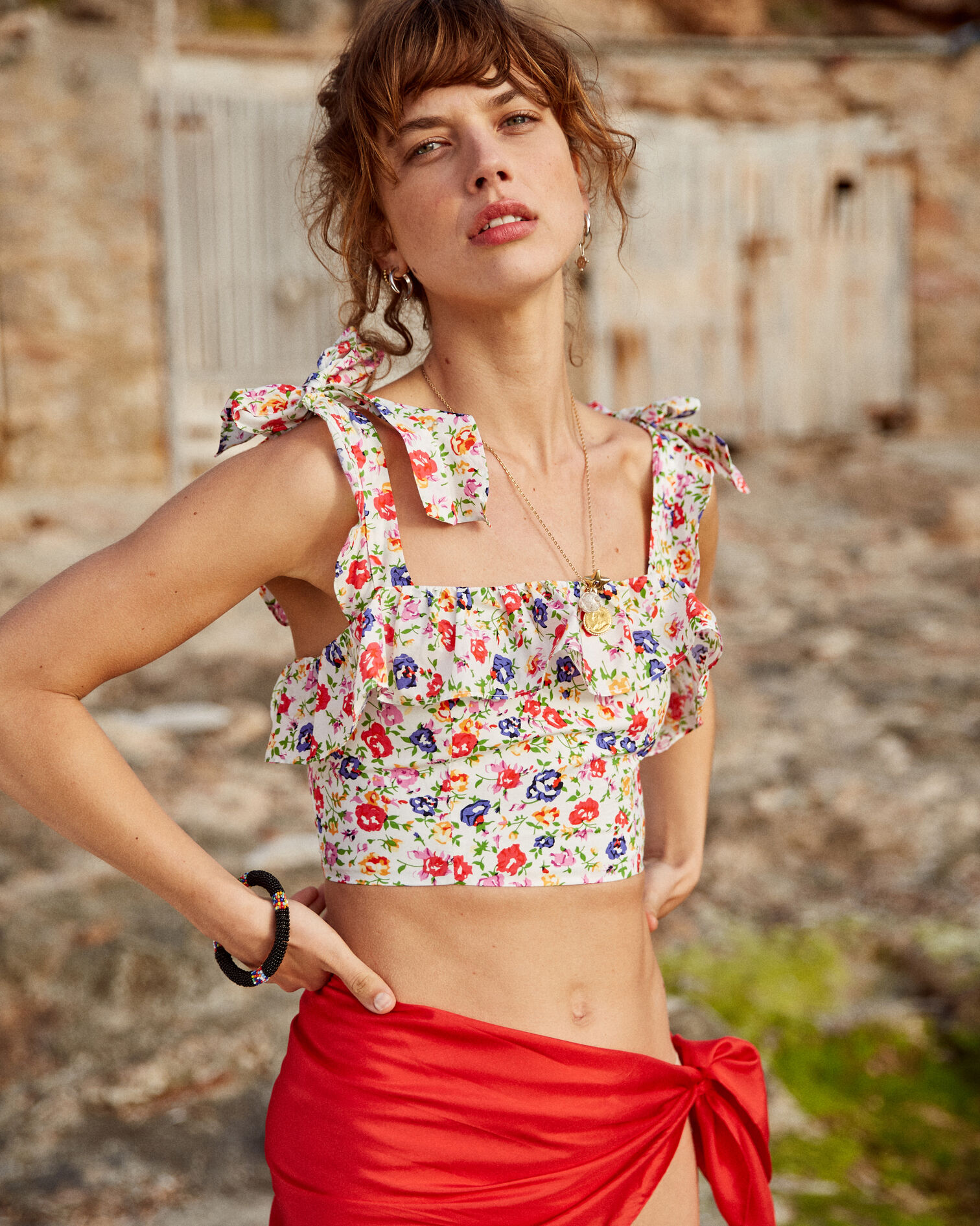 Kurzes Baumwoll-Top mit Print, ECRU, hi-res image number null