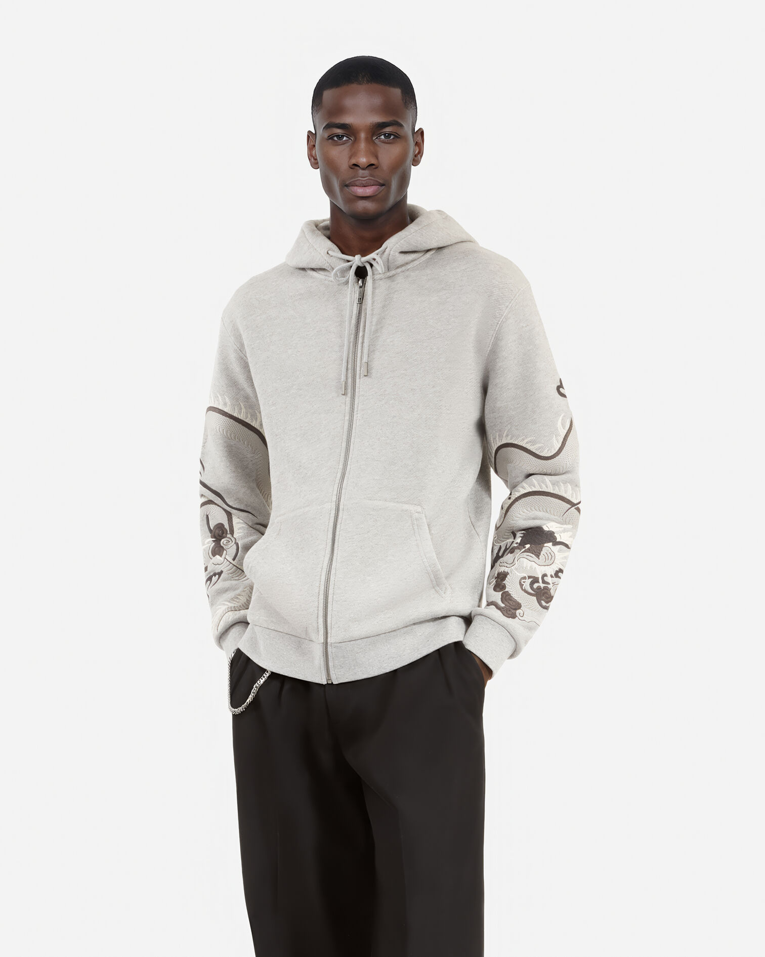 Sweatshirt brodé à capuche gris, GREY MELANGE, hi-res image number null