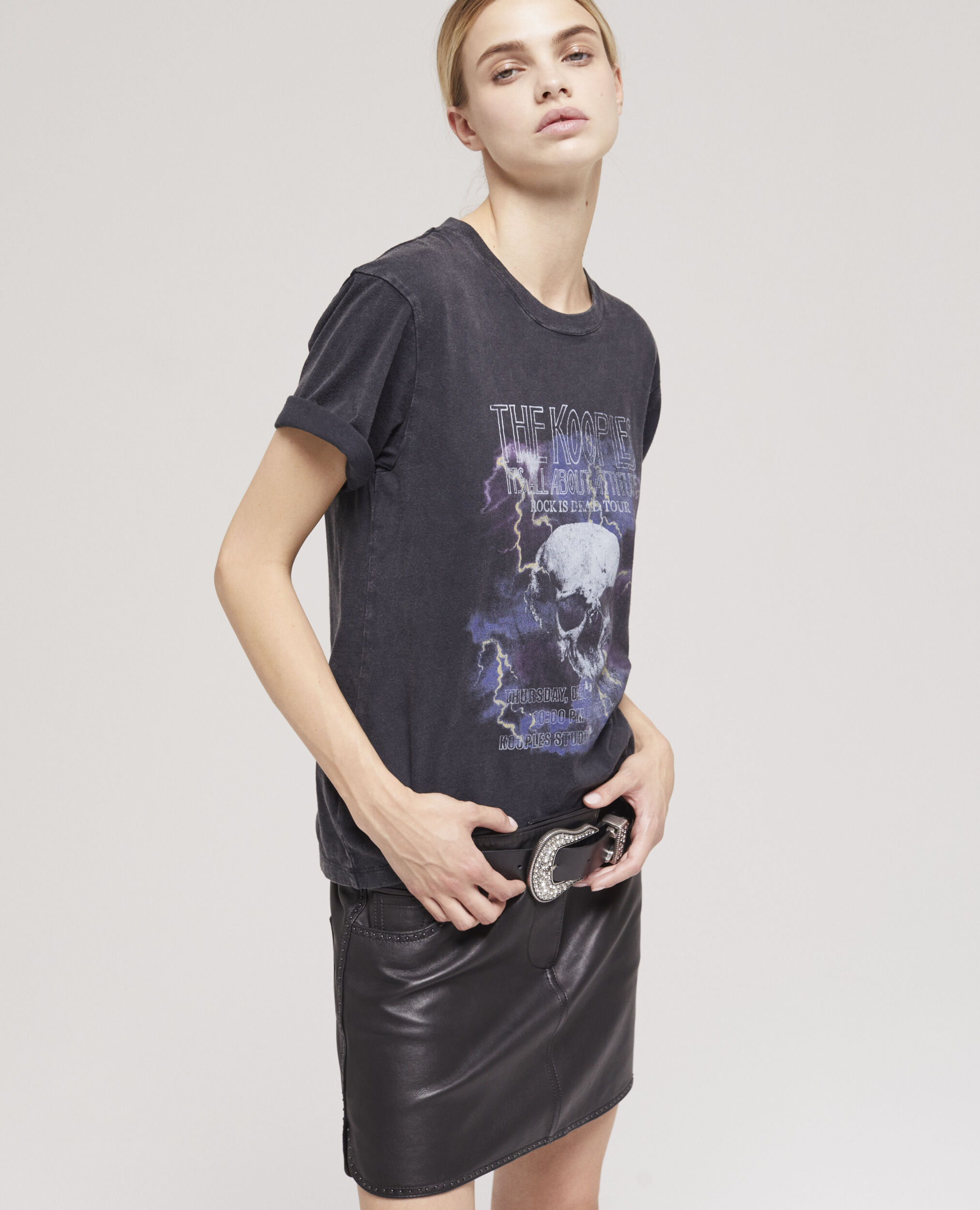T-Shirt Damen mit Skull-Siebdruck, BLACK WASHED, hi-res image number null