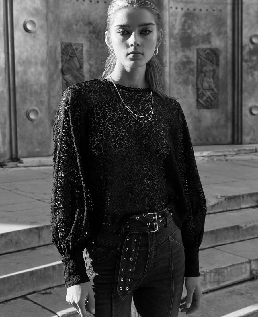 Black lace top with puffed sleeves | The Kooples