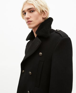 The Kooples MEN BLACK long black wool coat with sherpa collar