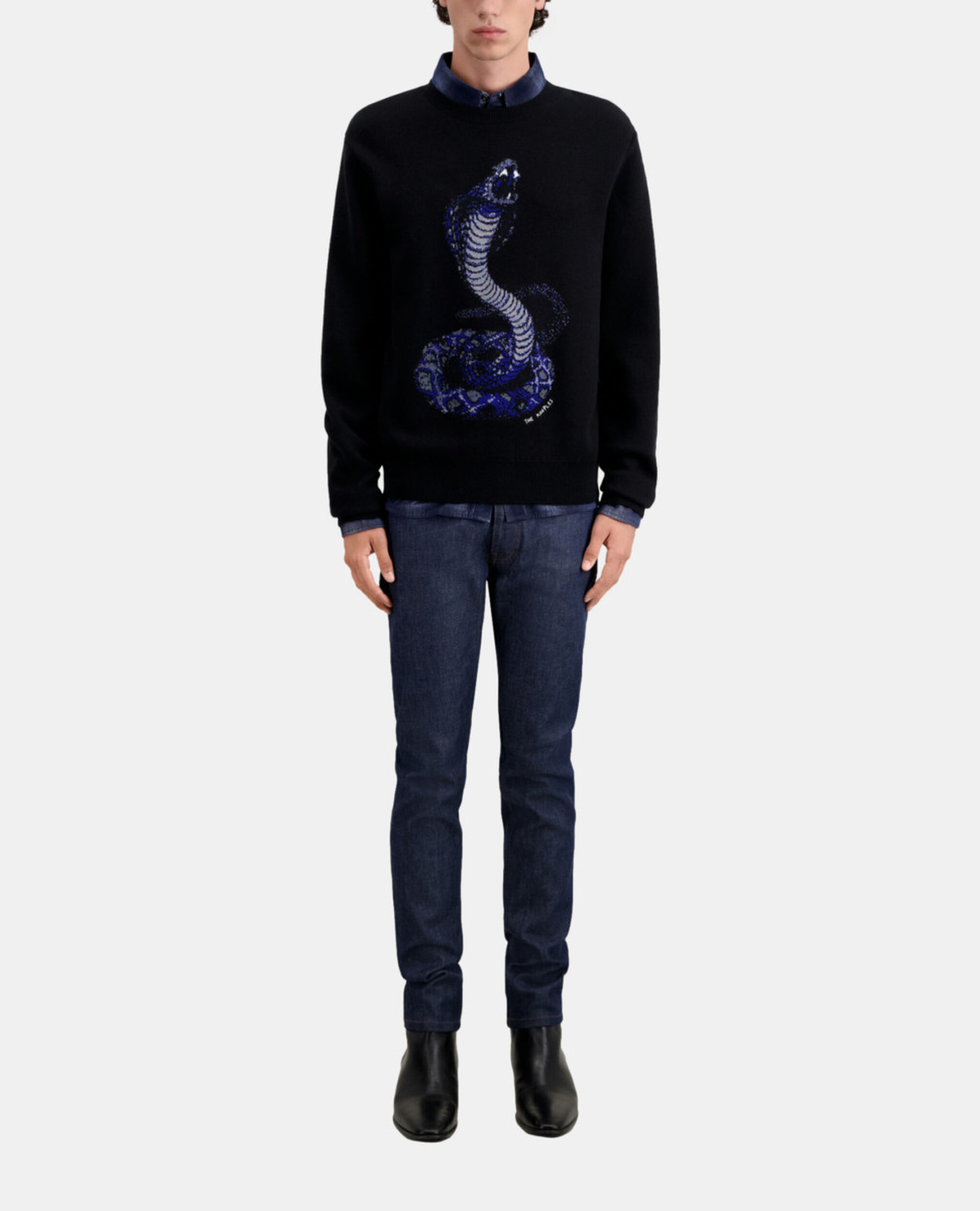 Schwarzer Pullover aus Wolle mit Kobramotiv, BLACK, hi-res image number null