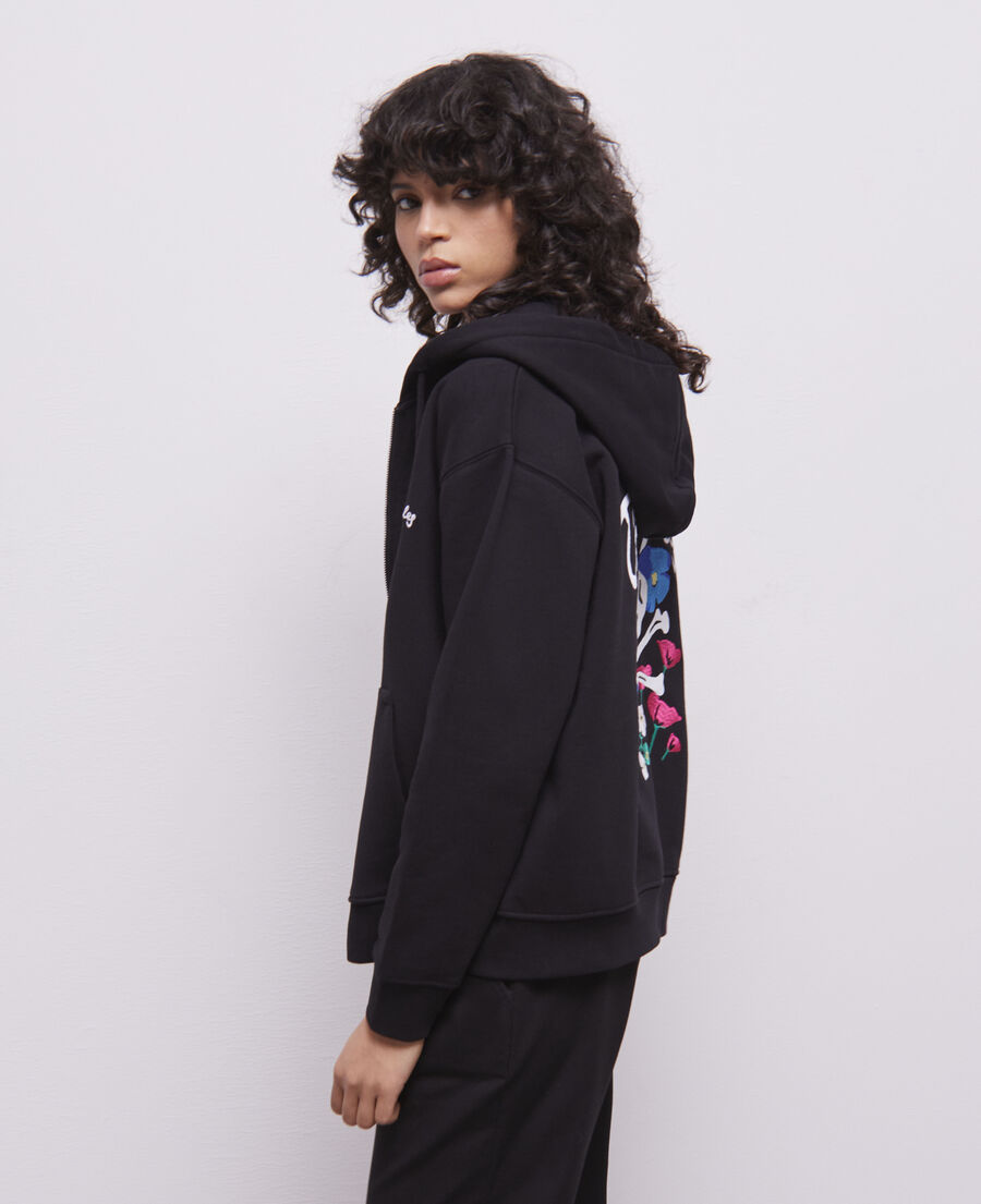 Zipped black hooded sweatshirt with embroidery | The Kooples - US