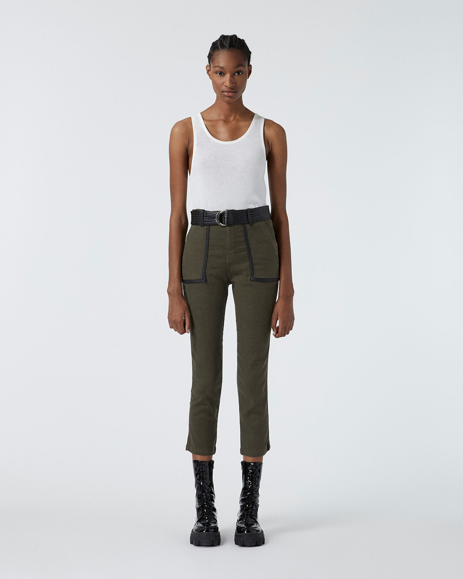 Khaki military pants with leather belt, KAKI, hi-res image number null