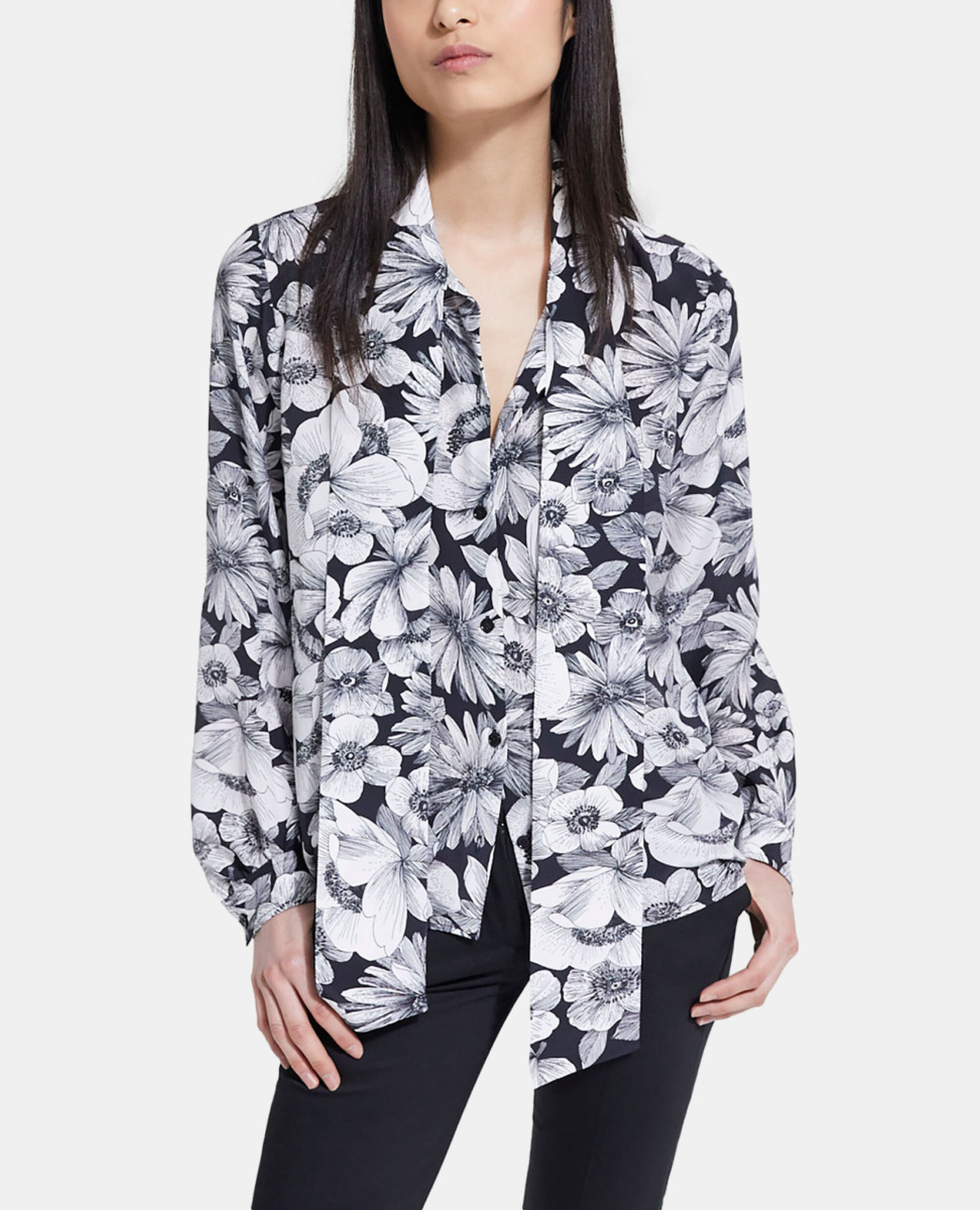 Floral silk shirt pussy bow collar, BLACK WHITE, hi-res image number null