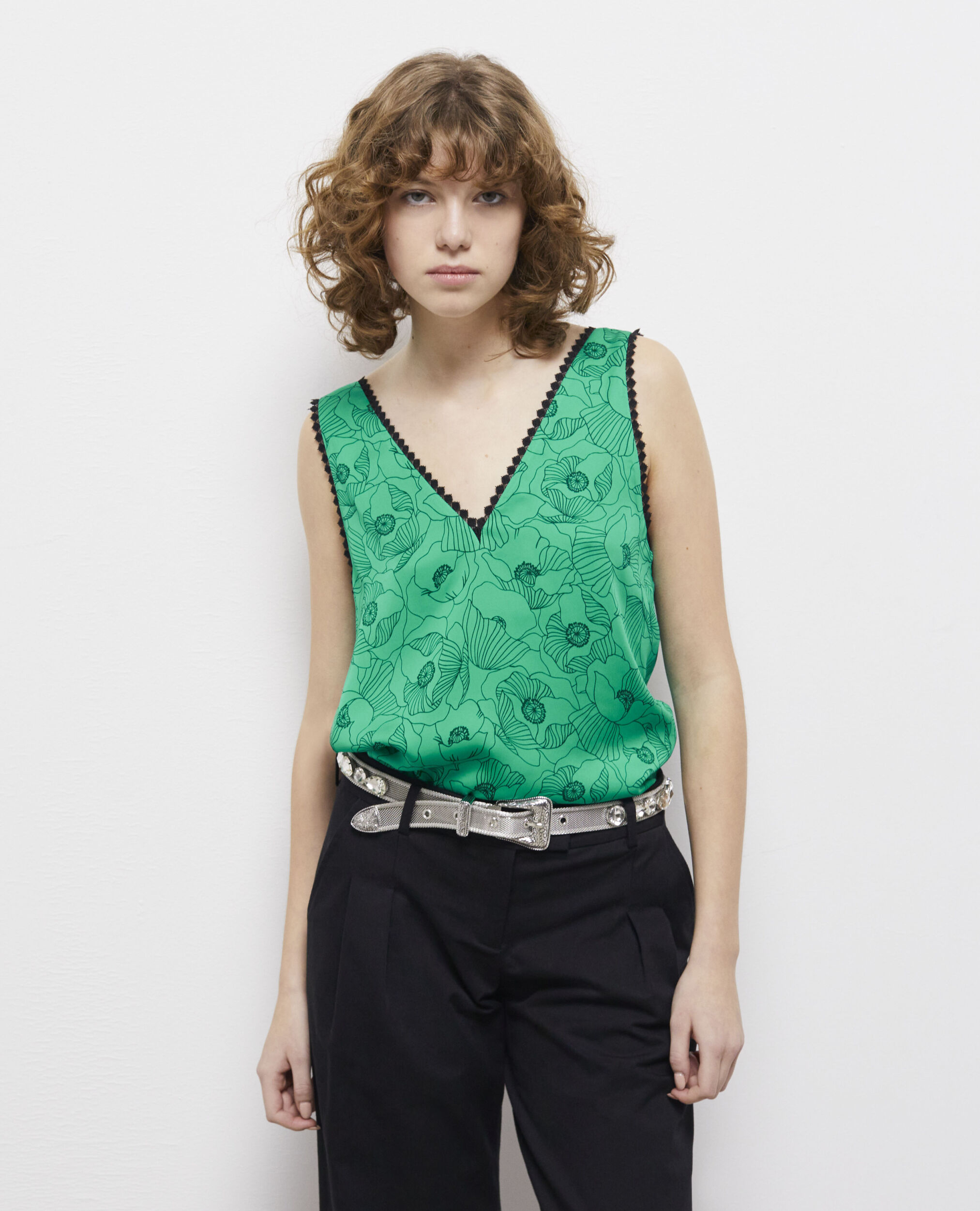 Printed top with lace details, GREEN, hi-res image number null