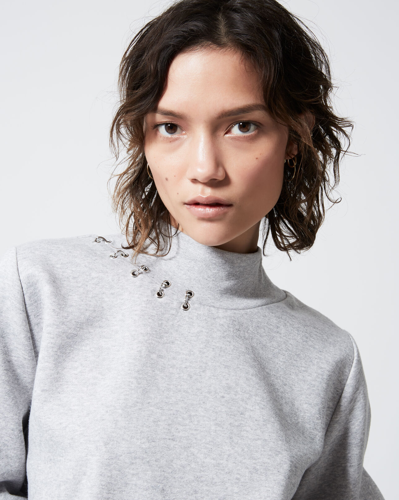 The Kooples WOMEN LIGHT GREY high-neck heather grey sweatshirt w/piercing