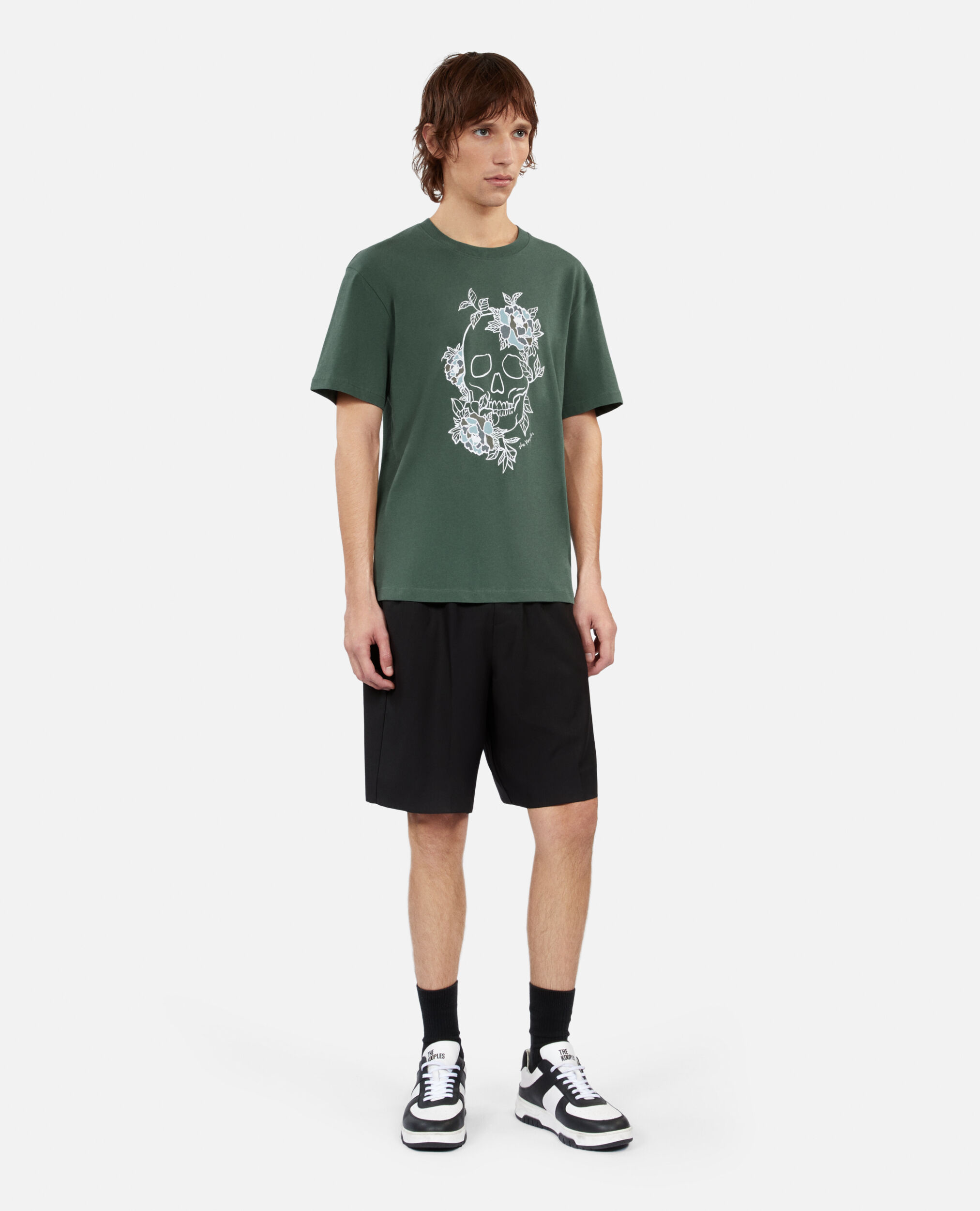 Men's green t-shirt with Flower skull serigraphy, FOREST, hi-res image number null