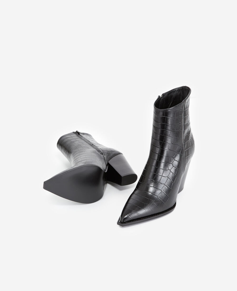 heeled croc-effect black leather ankle boots