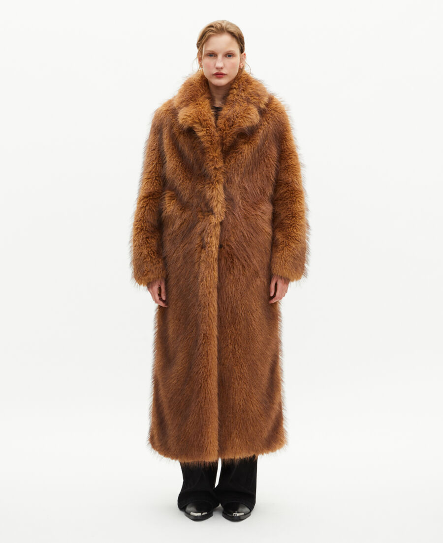 The Kooples WOMEN CHOCOLATE long brown fur-effect coat