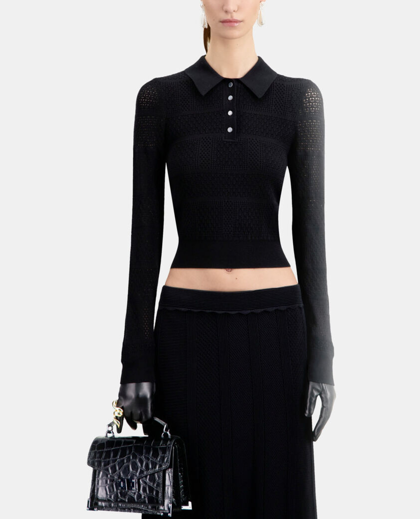The Kooples DAMEN BLACK schwarzes poloshirt aus ajour-strick