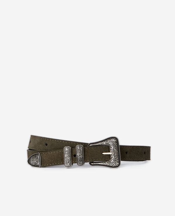 Thin khaki suede leather belt