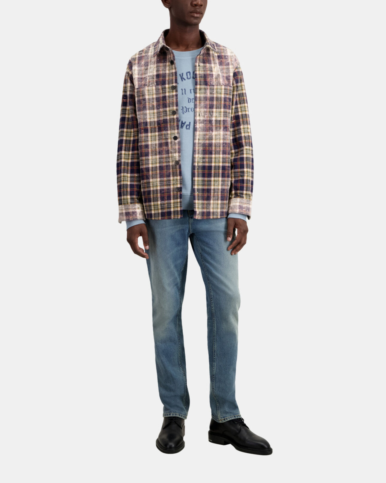 The Kooples HOMME MIDDLE GREY ECRU chemise à carreaux bleus et beige