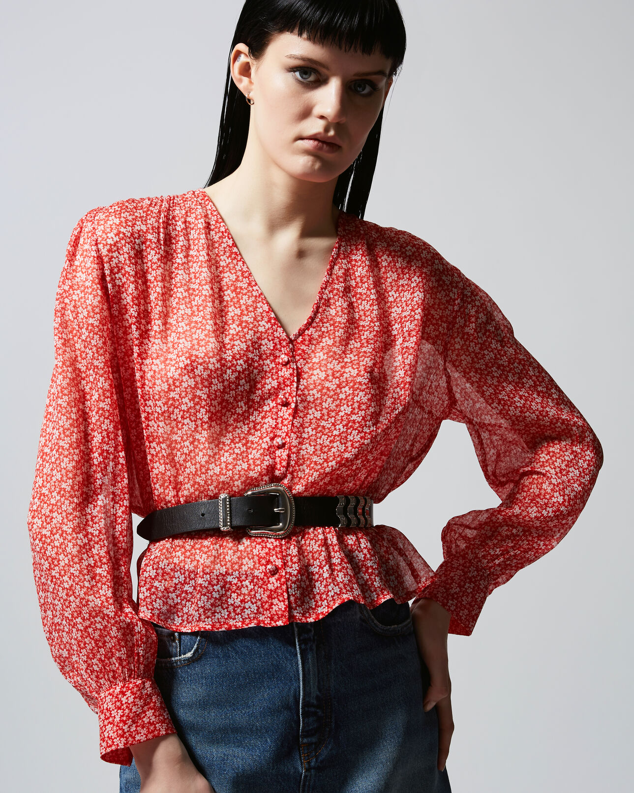 The Kooples WOMEN RED floral printed red shirt with peplum